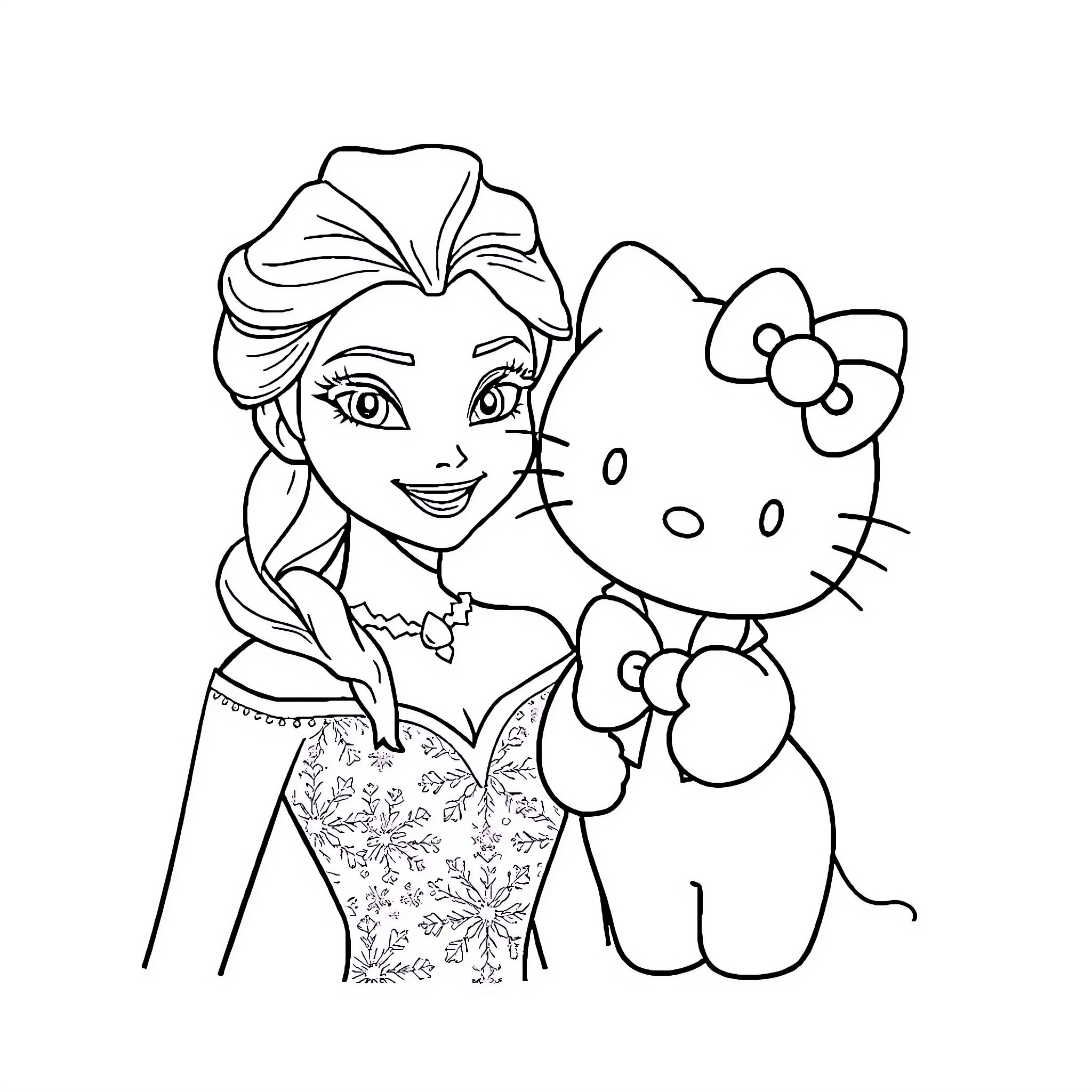 Elsa and Hello Kitty in a Floral Embrace Coloring Page (free black-and-white line drawing printable PDF for all, from beginners to advanced learners, including children, teens, adults, and seniors)