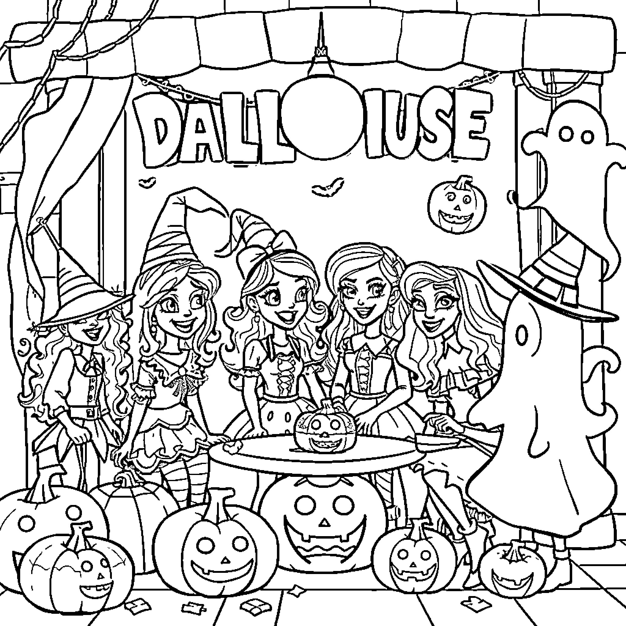 Gabby's Dollhouse: Friends Celebrate Halloween Coloring Page (free black-and-white line drawing printable PDF for all, from beginners to advanced learners, including children, teens, adults, and seniors)