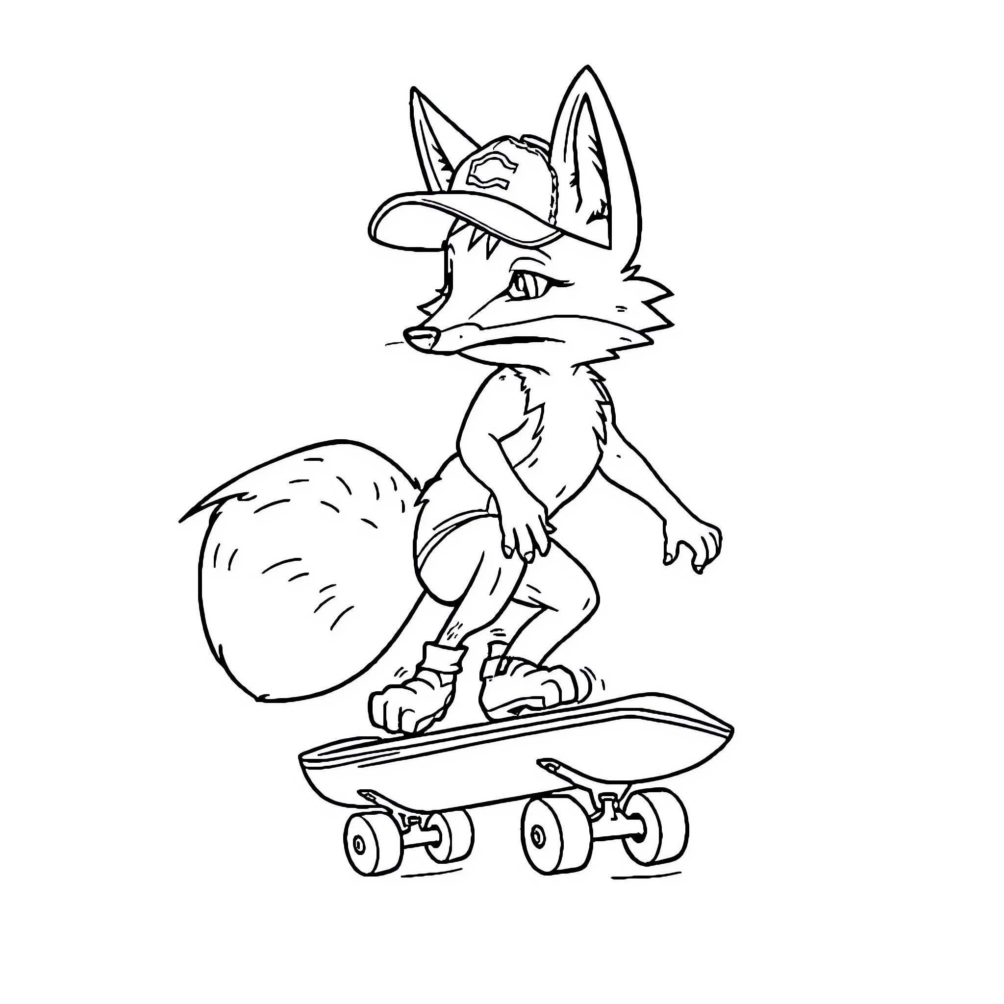 Fox riding a skateboard with a backpack Coloring Page (free black-and-white line drawing printable PDF for all, from beginners to advanced learners, including children, teens, adults, and seniors)