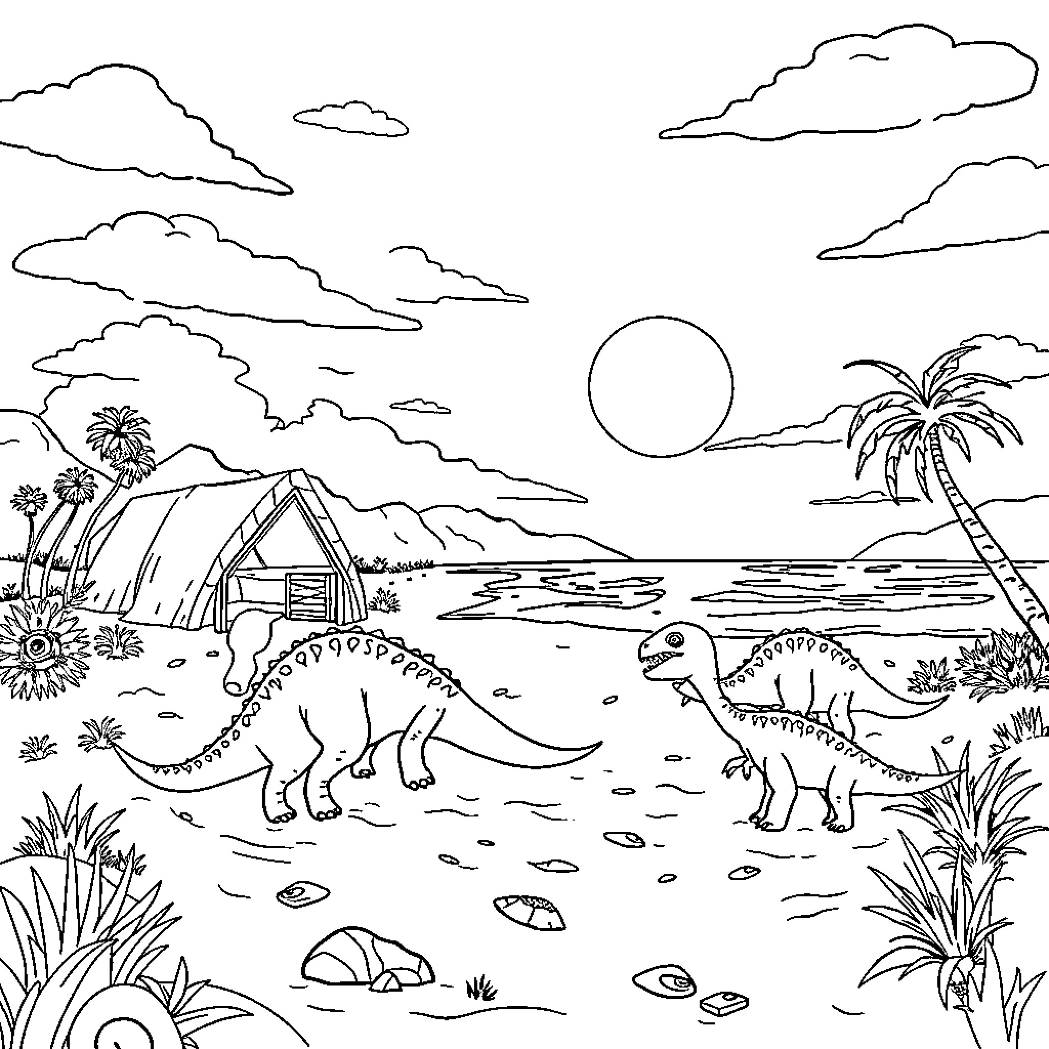 Dino friends enjoying a tropical adventure Coloring Page (free black-and-white line drawing printable PDF for all, from beginners to advanced learners, including children, teens, adults, and seniors)