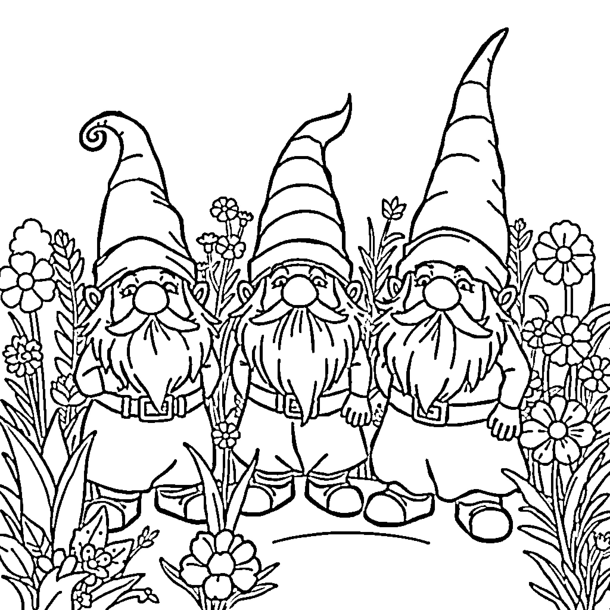 Gnomes enjoying a peaceful floral garden Coloring Page (free black-and-white line drawing printable PDF for all, from beginners to advanced learners, including children, teens, adults, and seniors)