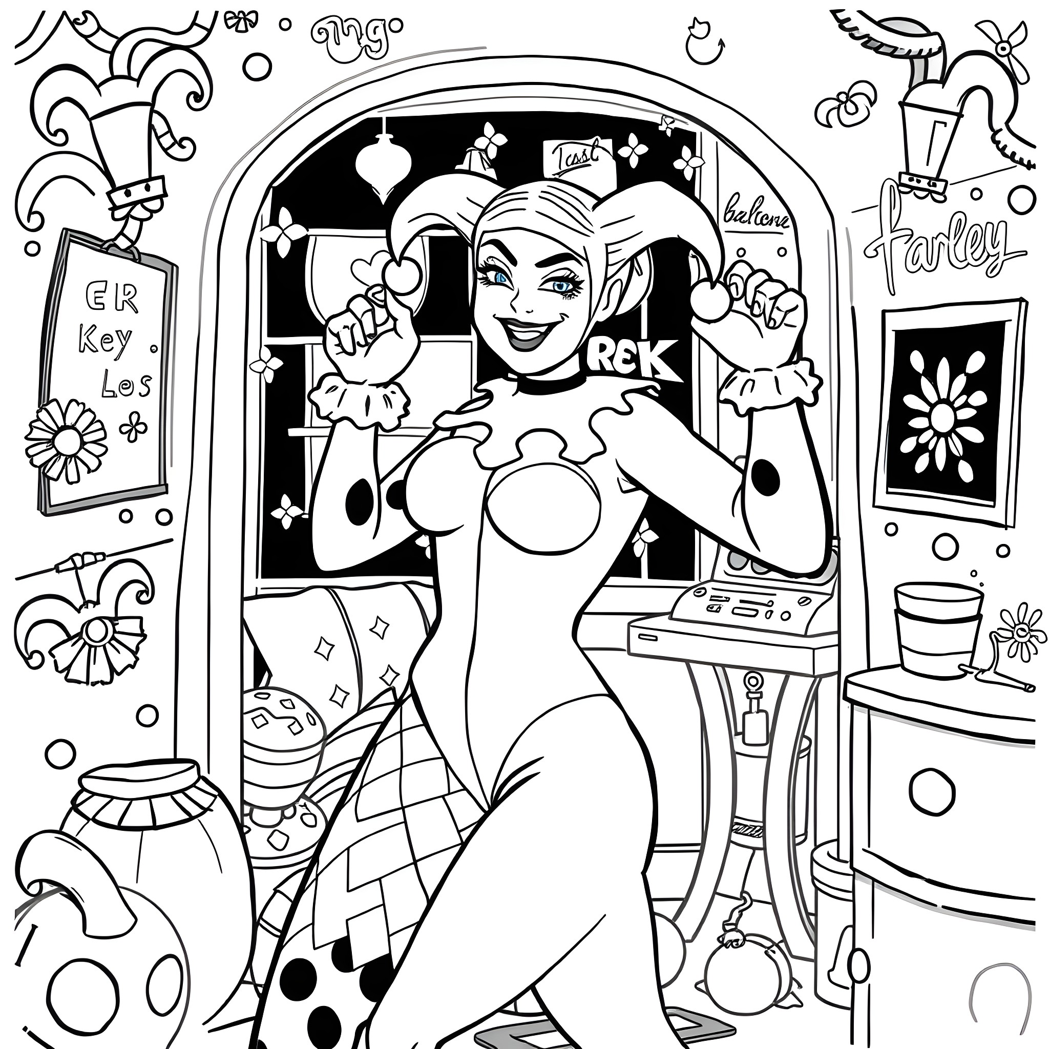 Harley Quinn in a vibrant and whimsical scene Coloring Page (free black-and-white line drawing printable PDF for all, from beginners to advanced learners, including children, teens, adults, and seniors)