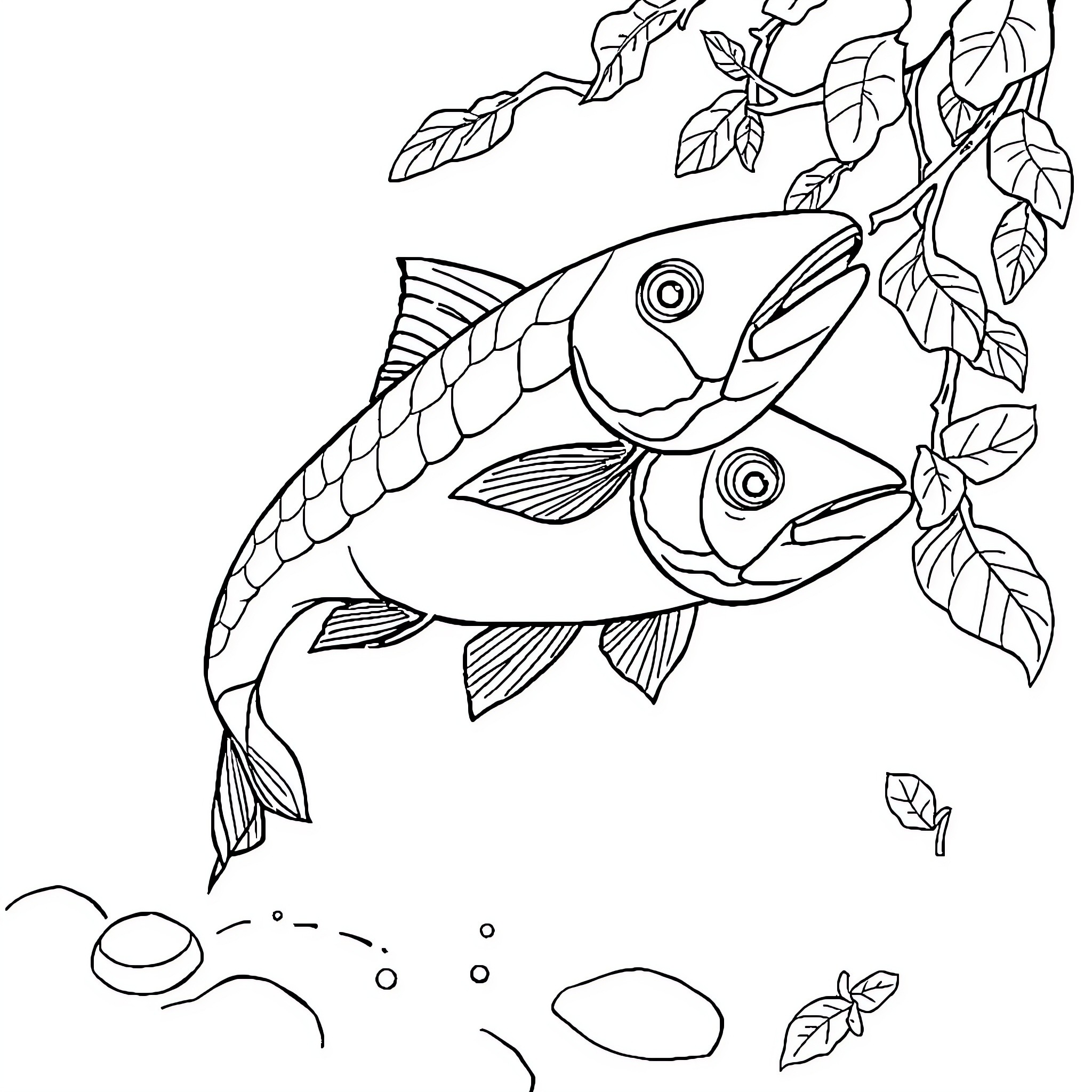 Strawberry Fish Swimming in Underwater Leaves Coloring Page (free black-and-white line drawing printable PDF for all, from beginners to advanced learners, including children, teens, adults, and seniors)