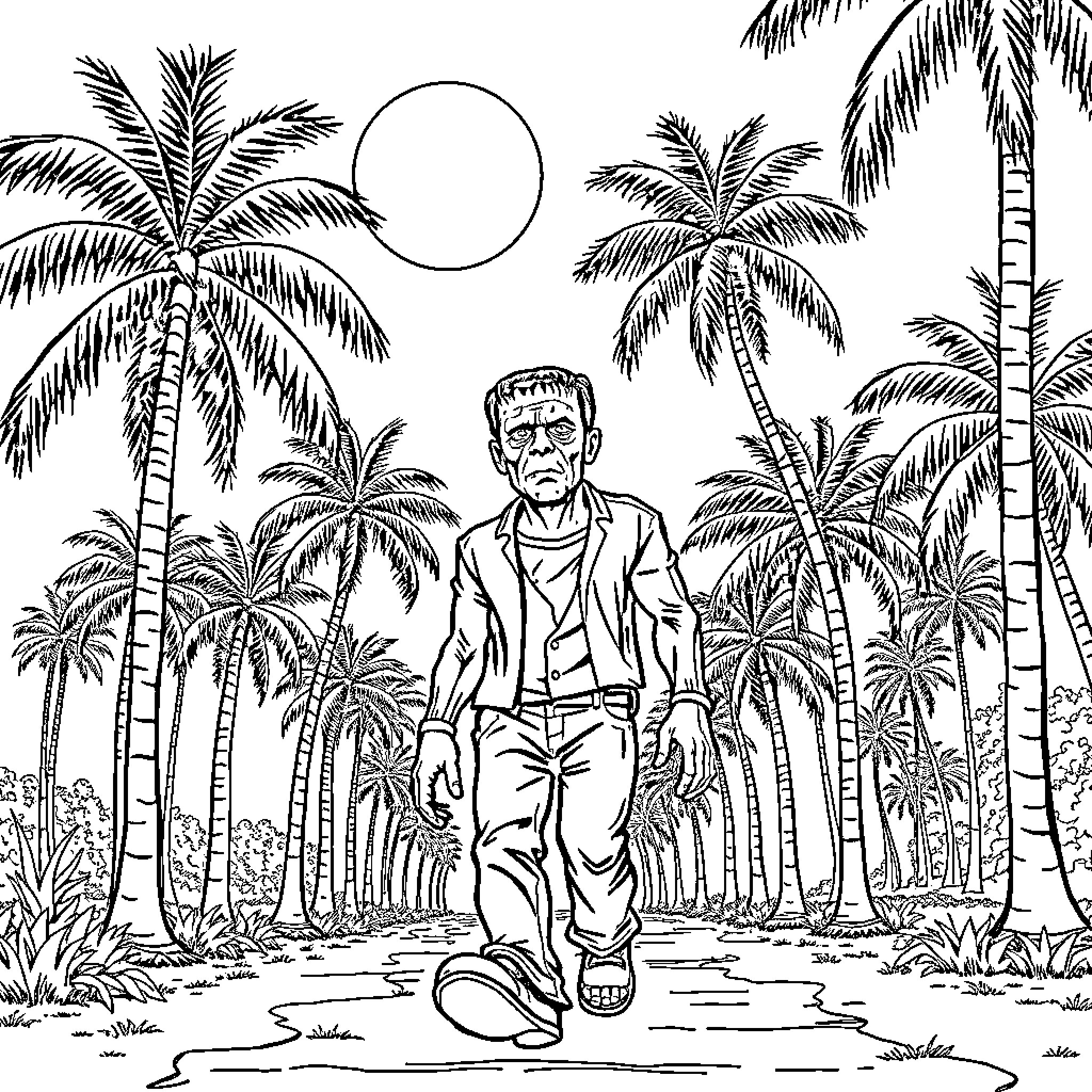 Frankenstein's monster in a tropical paradise Coloring Page (free black-and-white line drawing printable PDF for all, from beginners to advanced learners, including children, teens, adults, and seniors)