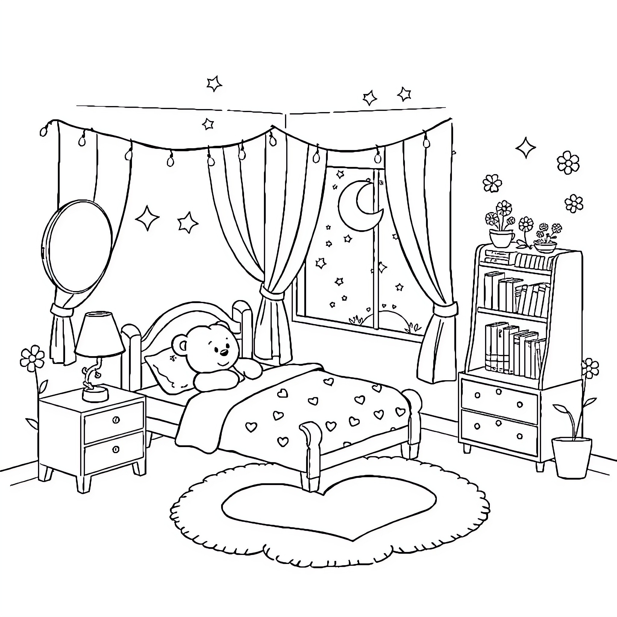 Bedroom with cozy decor and playful elements Coloring Page (free black-and-white line drawing printable PDF for all, from beginners to advanced learners, including children, teens, adults, and seniors)