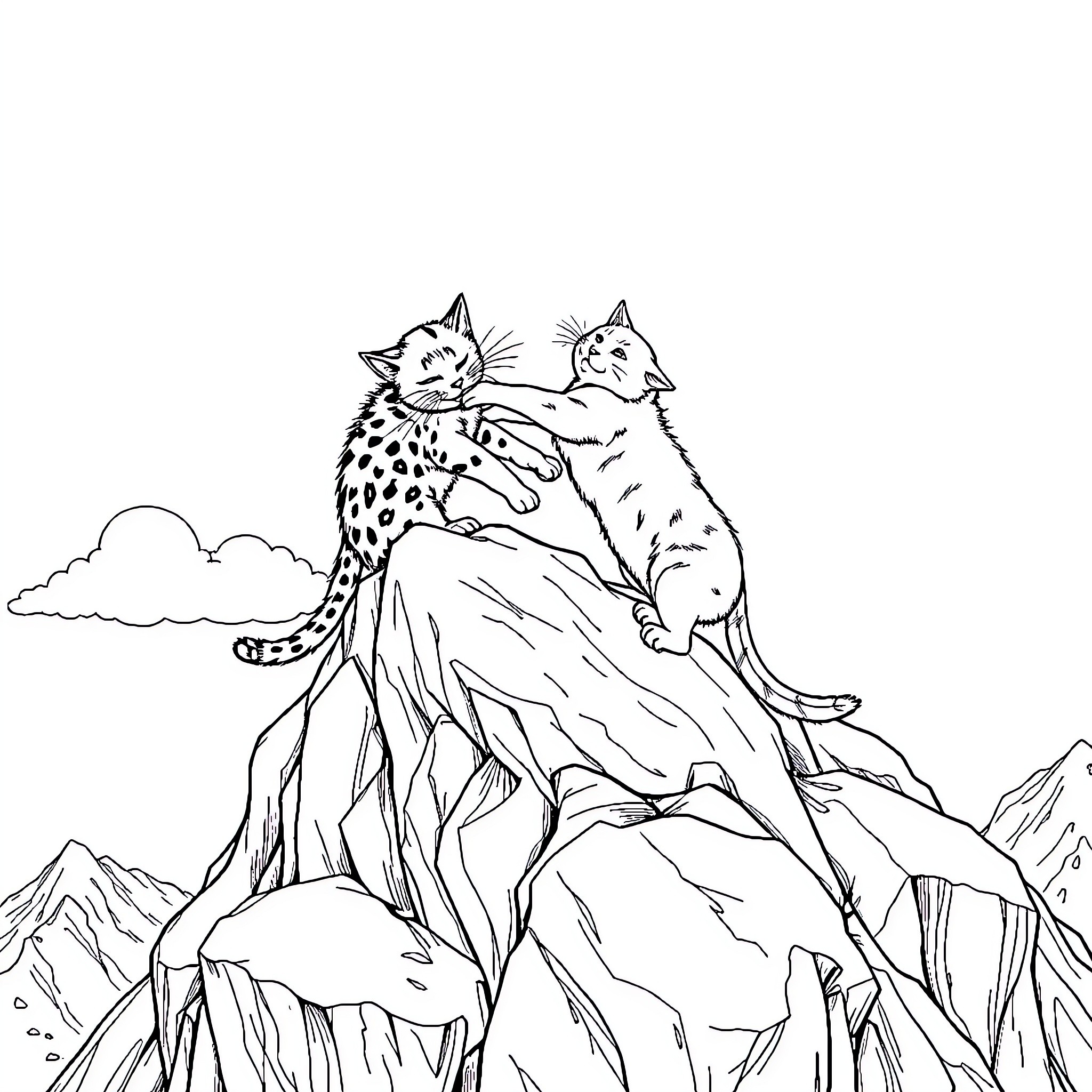 Cats exploring the rocky mountain landscape Coloring Page (free black-and-white line drawing printable PDF for all, from beginners to advanced learners, including children, teens, adults, and seniors)