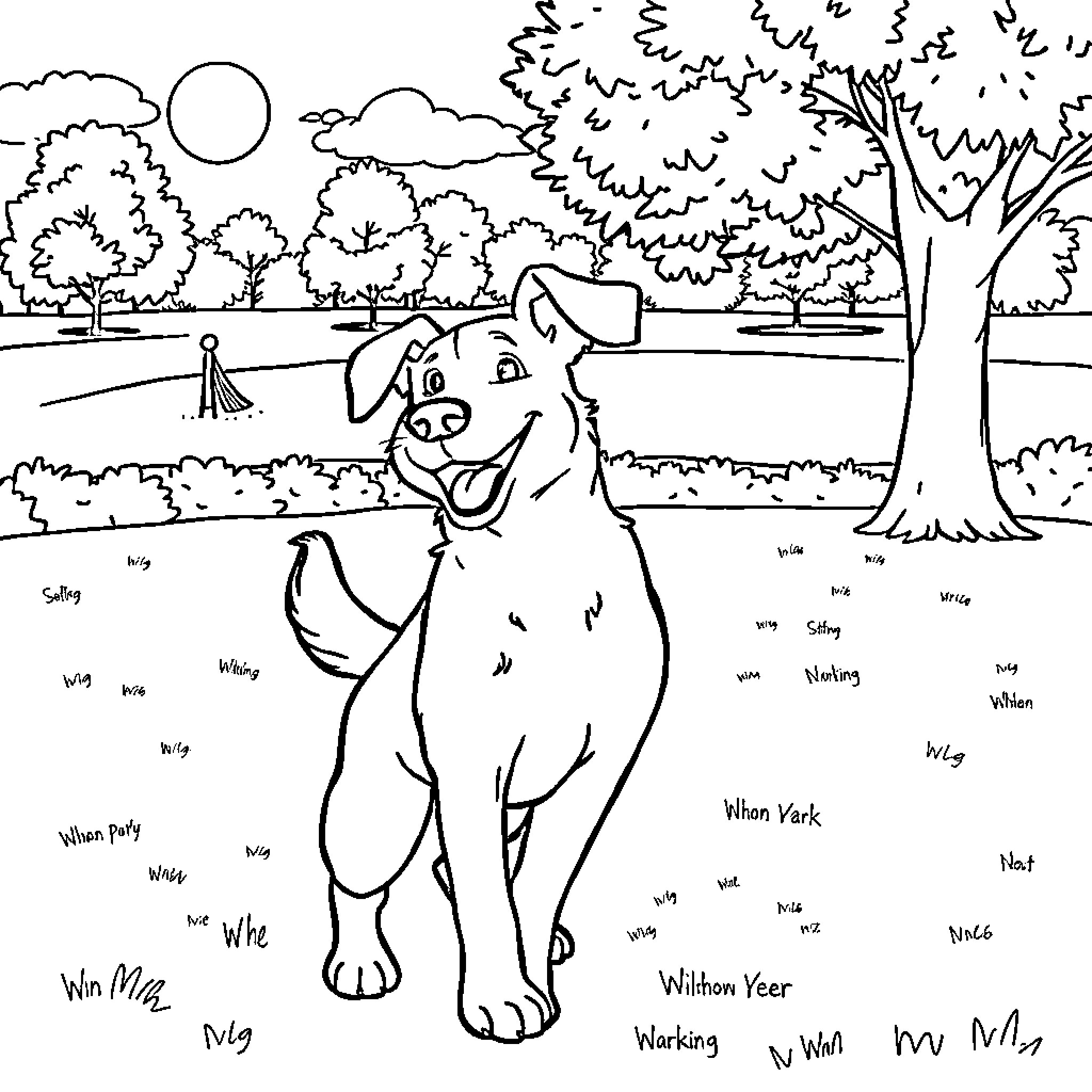 Dog enjoying nature in the park Coloring Page (free black-and-white line drawing printable PDF for all, from beginners to advanced learners, including children, teens, adults, and seniors)