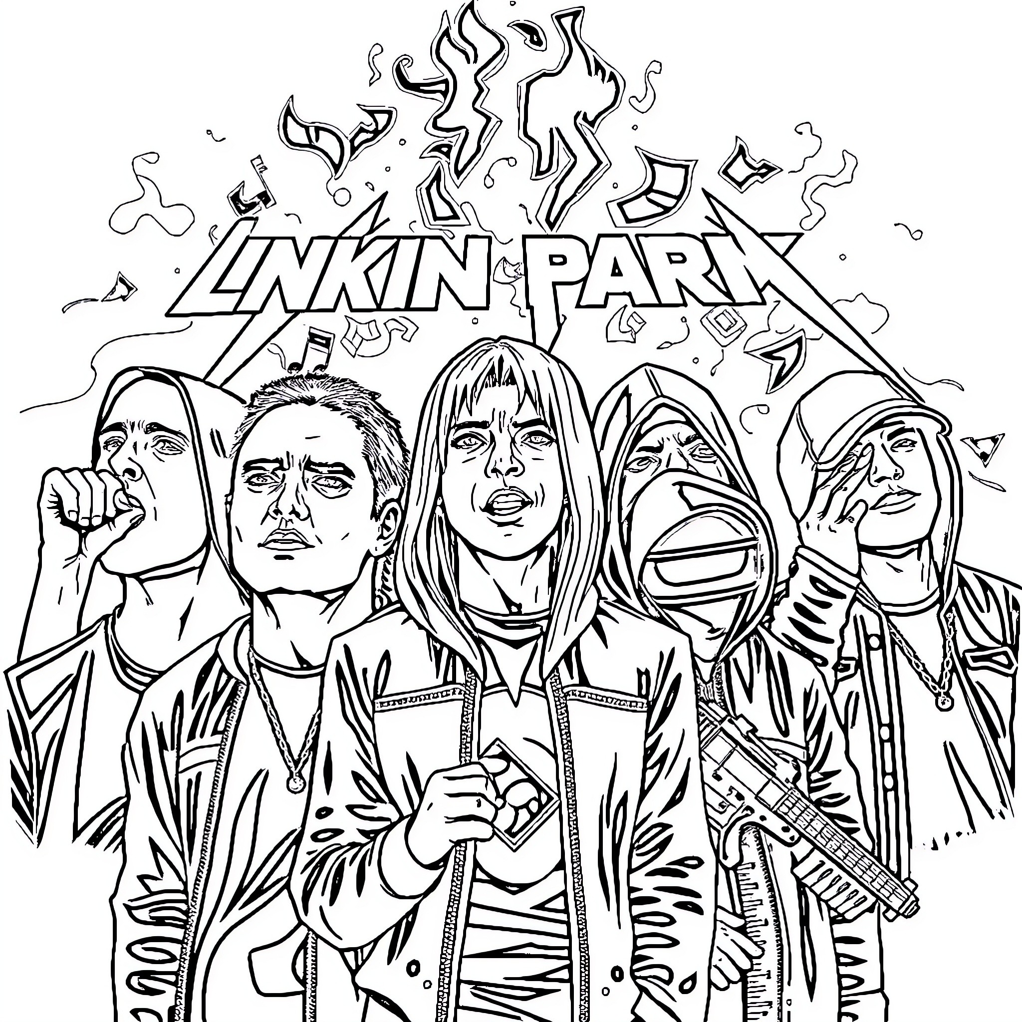 Band members of Linkin Park pose with musical instruments Coloring Page (free black-and-white line drawing printable PDF for all, from beginners to advanced learners, including children, teens, adults, and seniors)