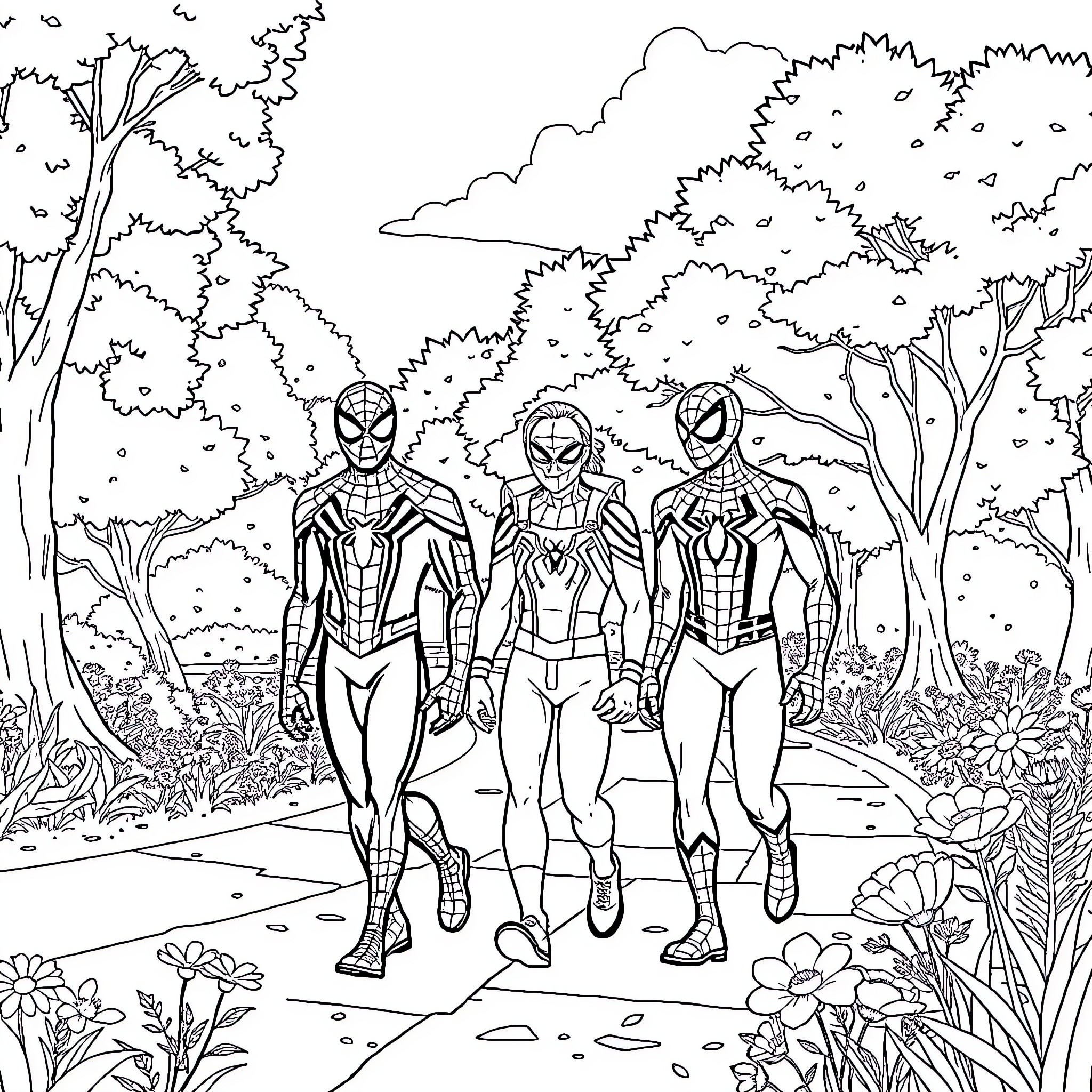 Spidey superheroes on an adventure in the forest Coloring Page (free black-and-white line drawing printable PDF for all, from beginners to advanced learners, including children, teens, adults, and seniors)