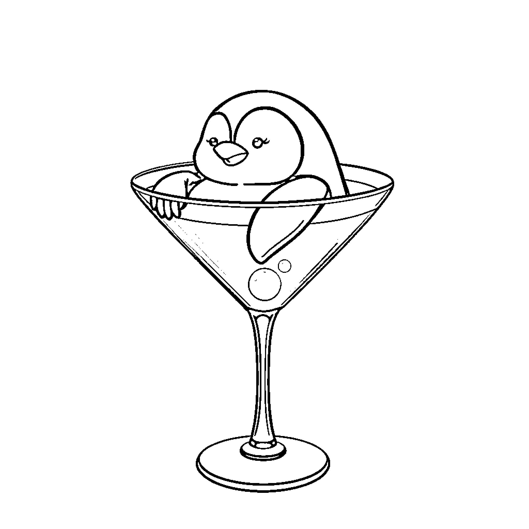 Penguin enjoying a fancy cocktail Coloring Page (free black-and-white line drawing printable PDF for all, from beginners to advanced learners, including children, teens, adults, and seniors)