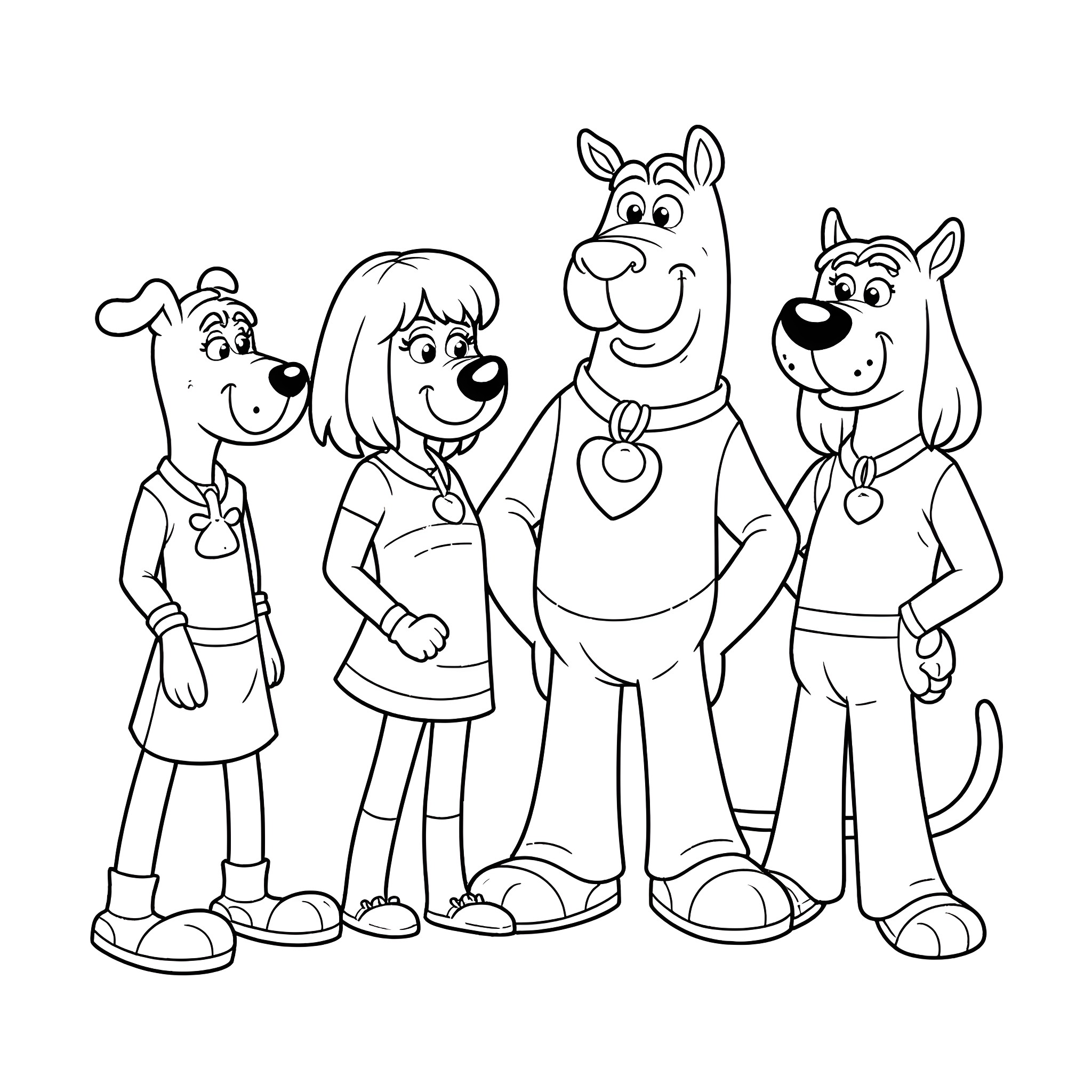 Scooby Doo and friends on an adventure Coloring Page (free black-and-white line drawing printable PDF for all, from beginners to advanced learners, including children, teens, adults, and seniors)