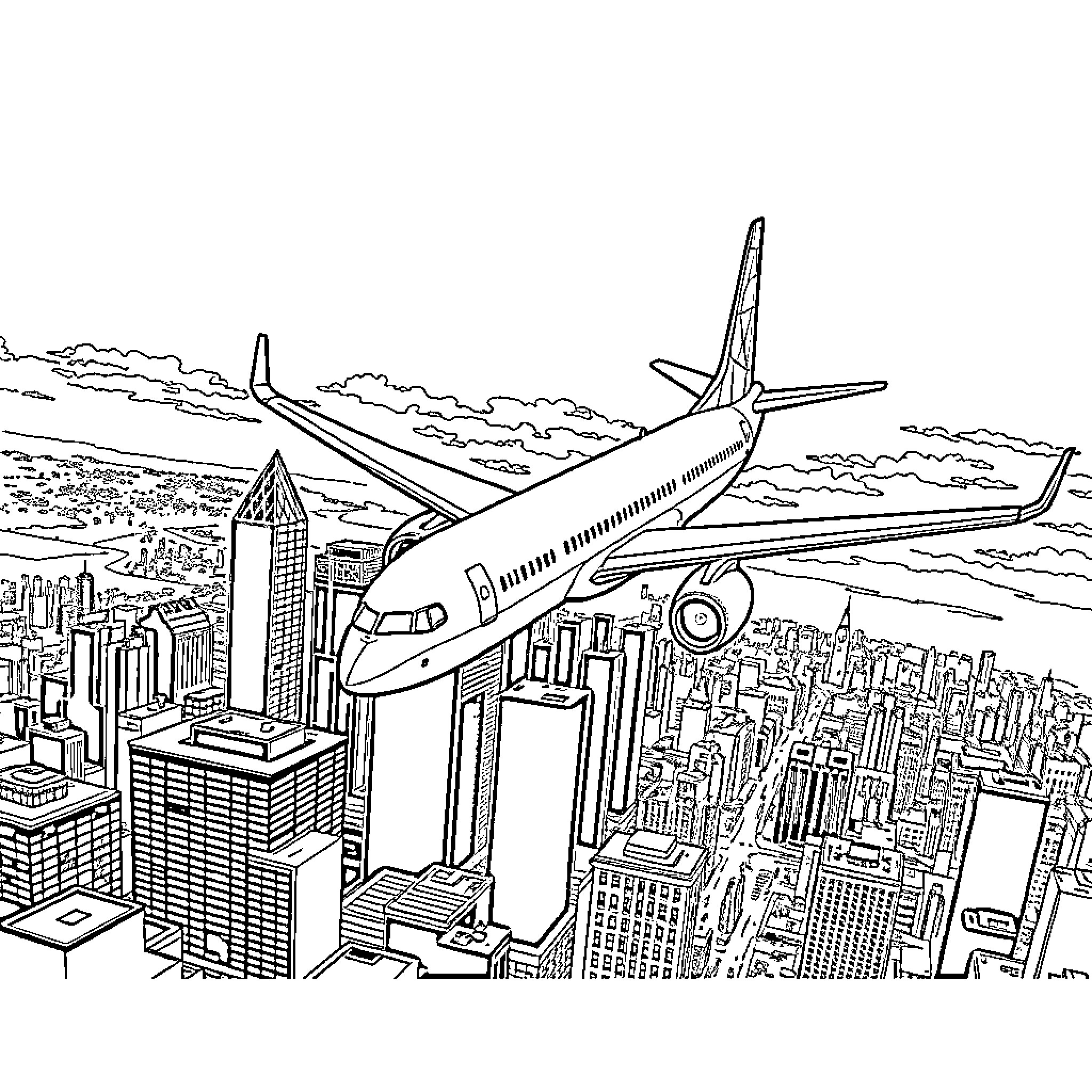 BOING 737 Soaring over Cityscape Coloring Page (free black-and-white line drawing printable PDF for all, from beginners to advanced learners, including children, teens, adults, and seniors)