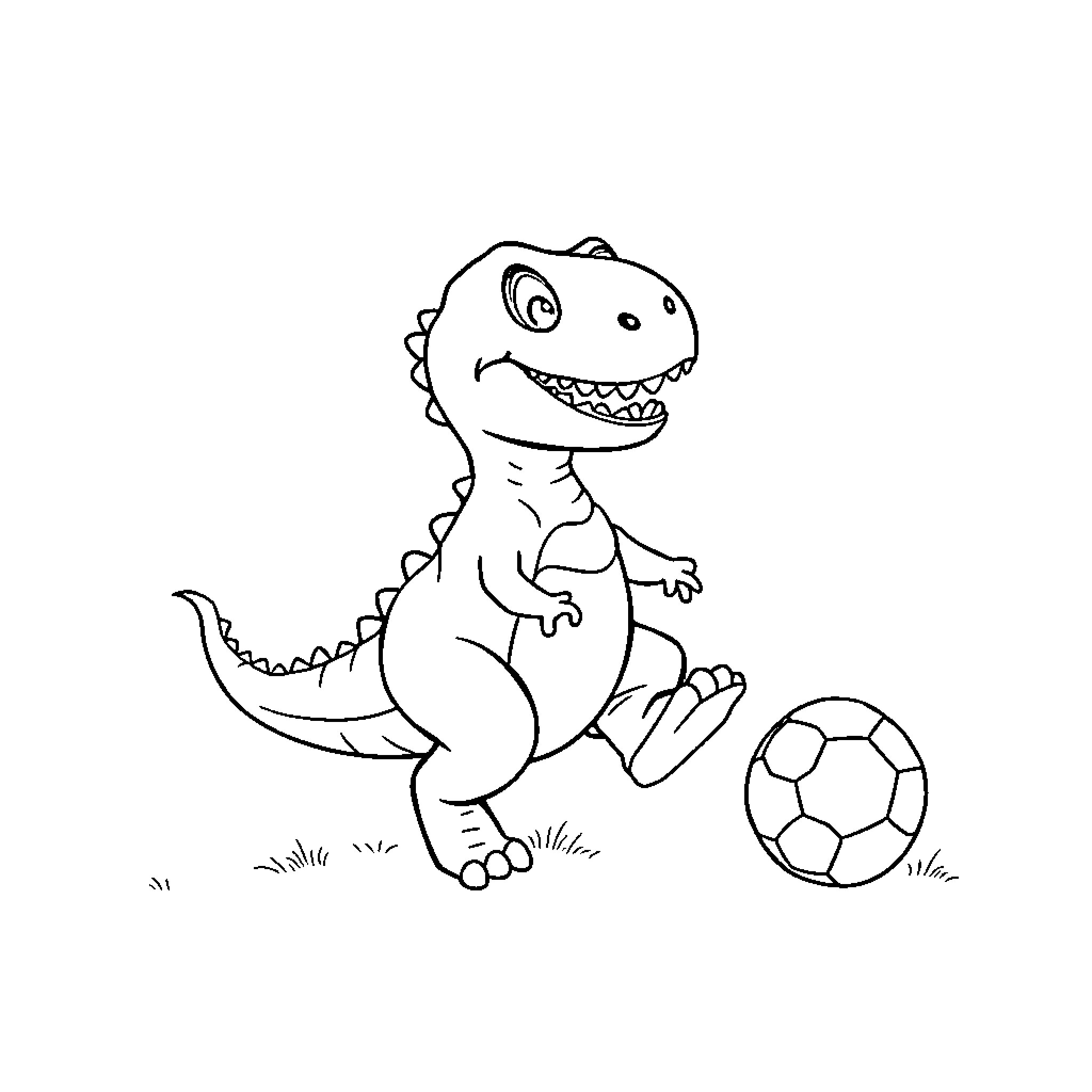 Dinosaur playing with soccer ball Coloring Page (free black-and-white line drawing printable PDF for all, from beginners to advanced learners, including children, teens, adults, and seniors)