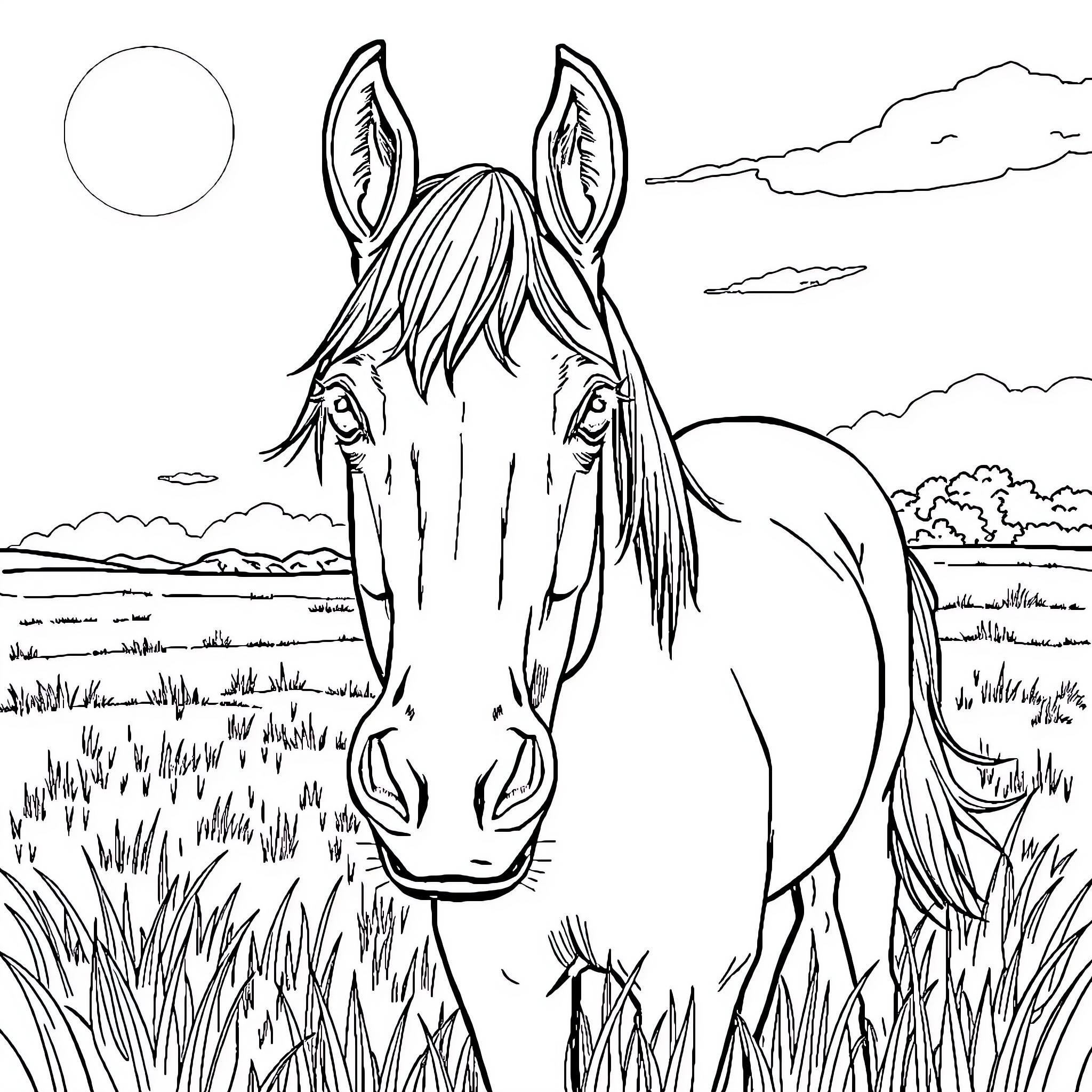 Horse standing tall in a peaceful landscape Coloring Page (free black-and-white line drawing printable PDF for all, from beginners to advanced learners, including children, teens, adults, and seniors)