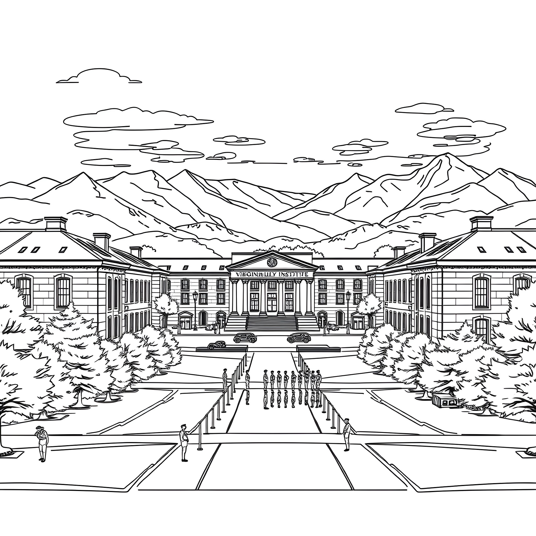 Virginia Military Institute campus with mountains and buildings Coloring Page (free black-and-white line drawing printable PDF for all, from beginners to advanced learners, including children, teens, adults, and seniors)
