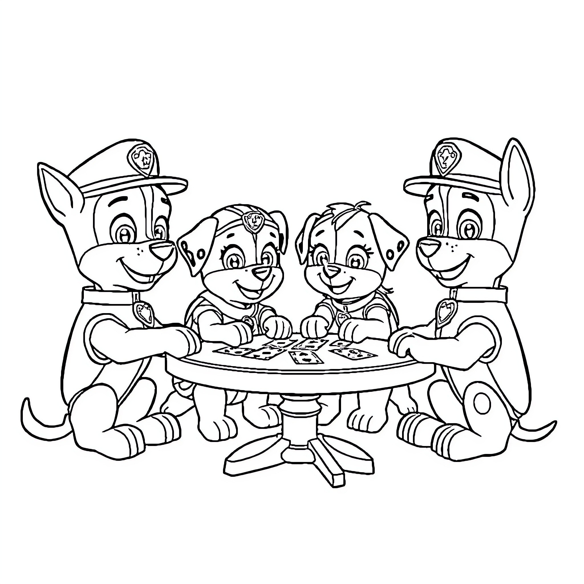 Paw Patrol Team Enjoying a Meal Together Coloring Page (free black-and-white line drawing printable PDF for all, from beginners to advanced learners, including children, teens, adults, and seniors)