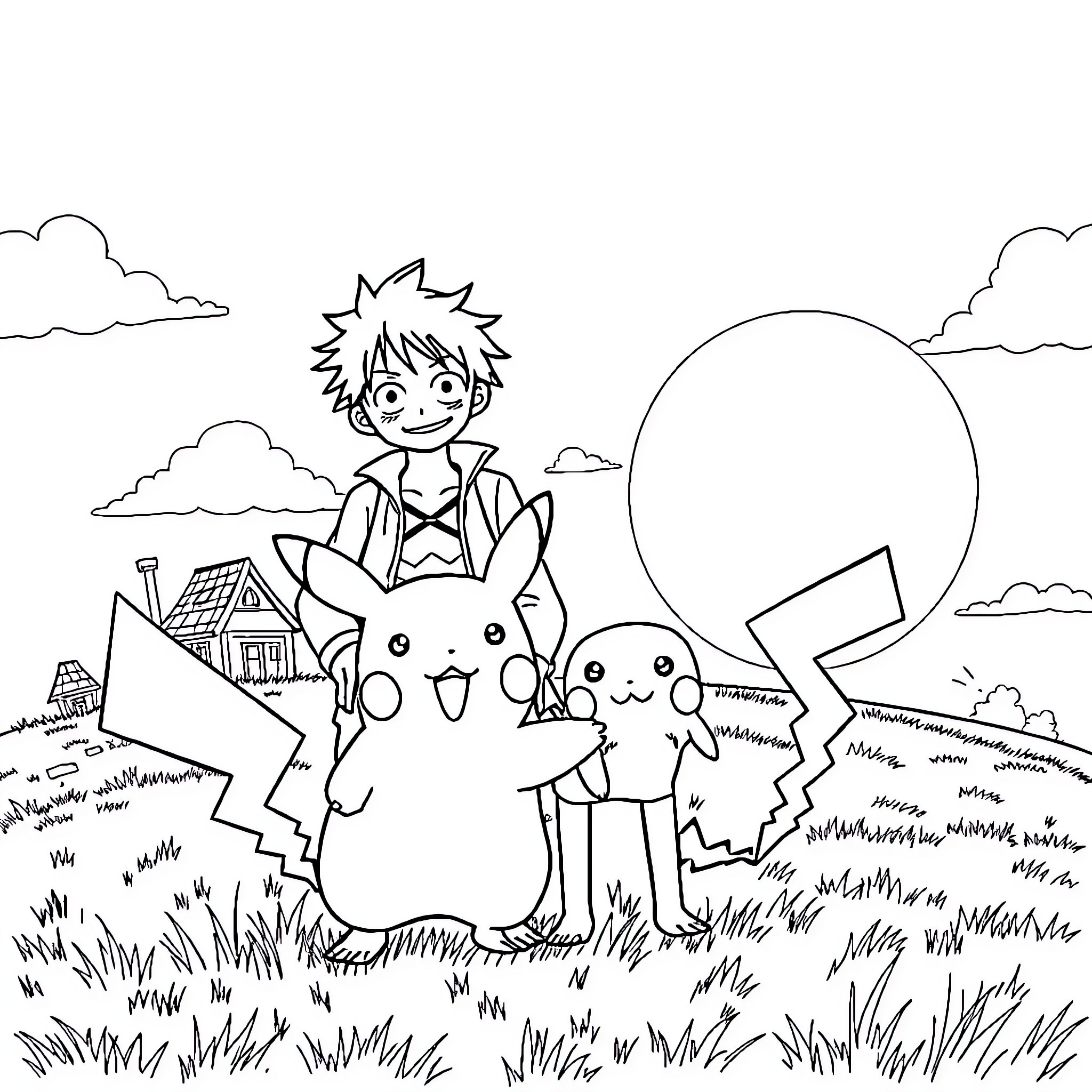 Luffy enjoying an adventure with Pikachu and Piplup Coloring Page (free black-and-white line drawing printable PDF for all, from beginners to advanced learners, including children, teens, adults, and seniors)