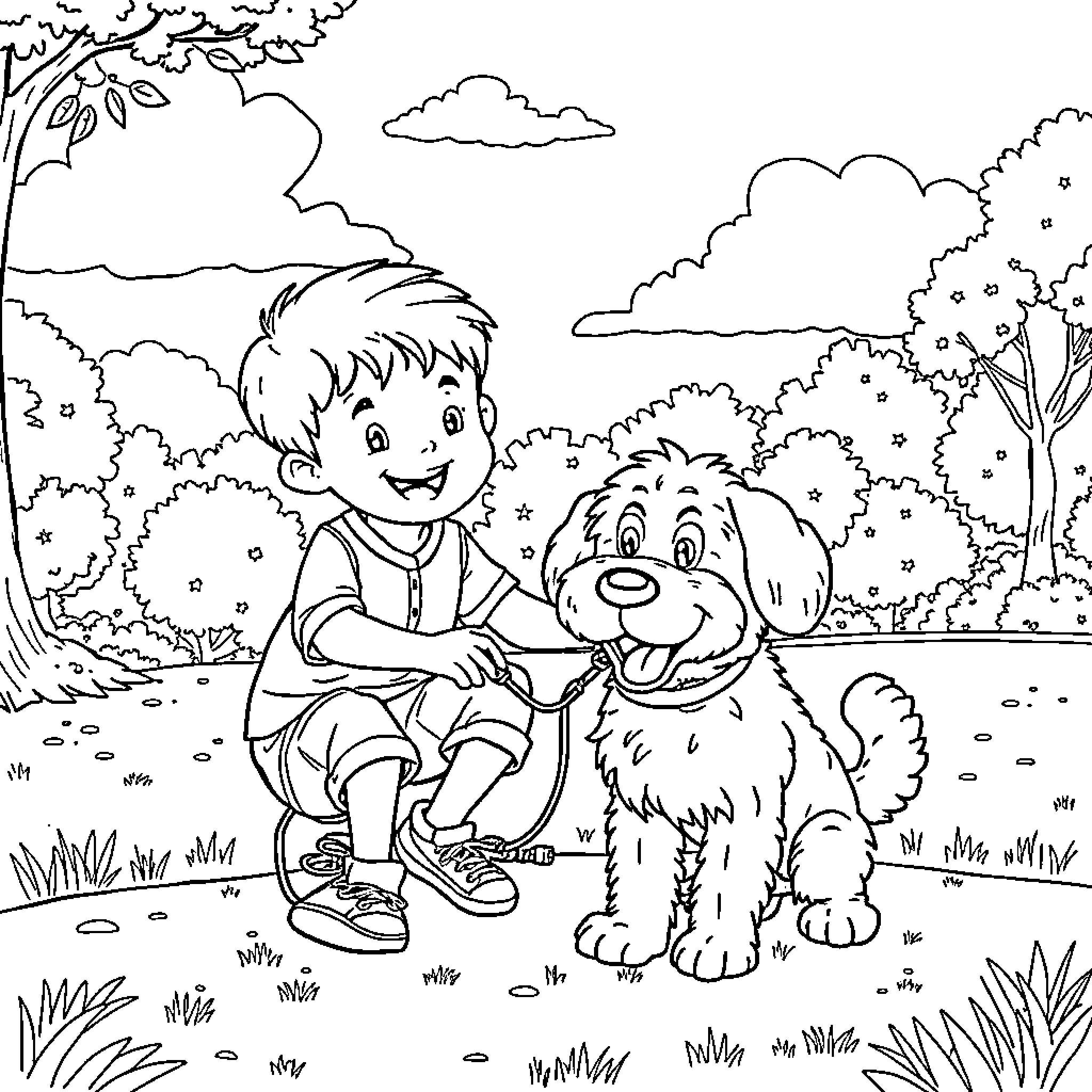 Boy playing with his joyful dog in the park Coloring Page (free black-and-white line drawing printable PDF for all, from beginners to advanced learners, including children, teens, adults, and seniors)