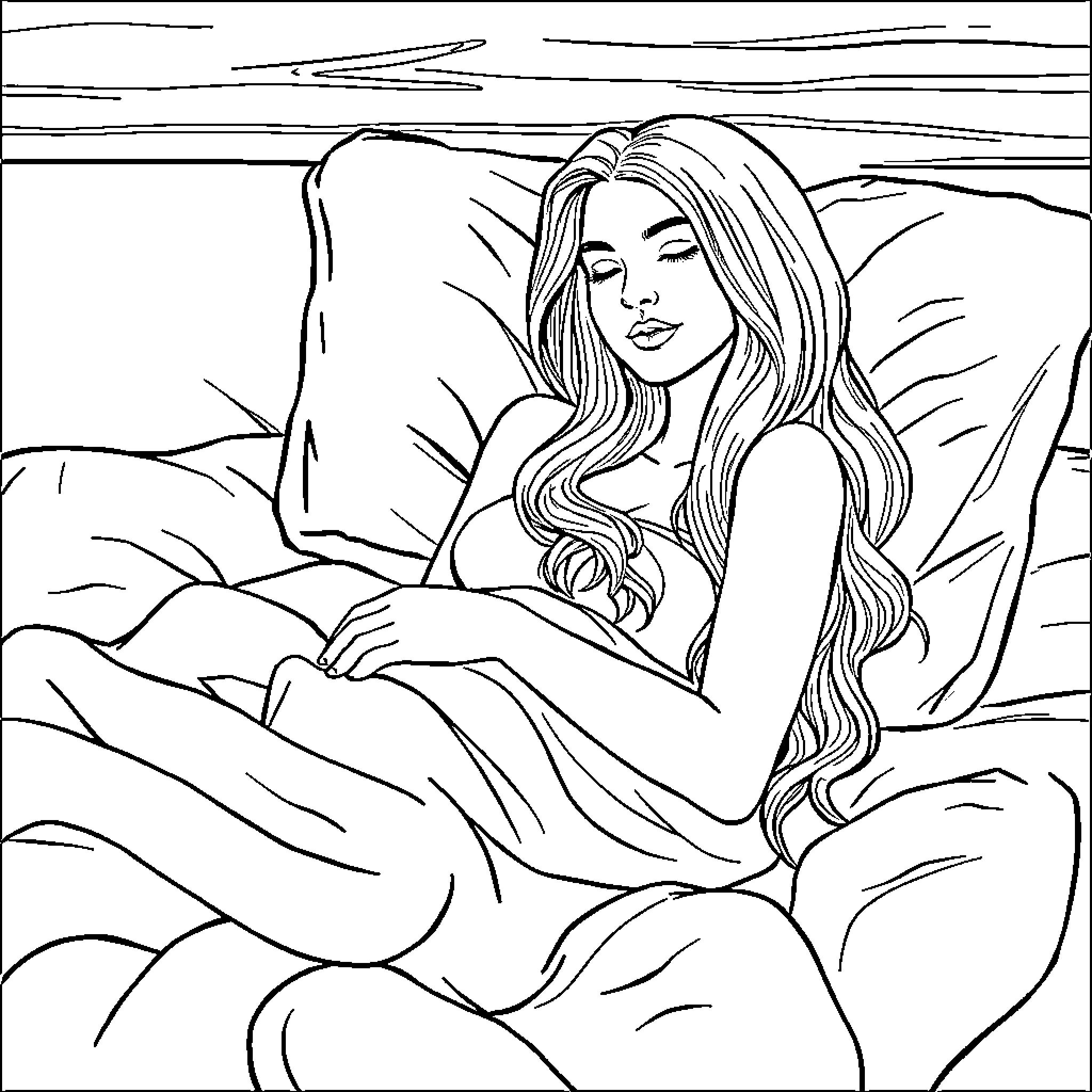 Lady relaxing peacefully in scenic landscape Coloring Page (free black-and-white line drawing printable PDF for all, from beginners to advanced learners, including children, teens, adults, and seniors)