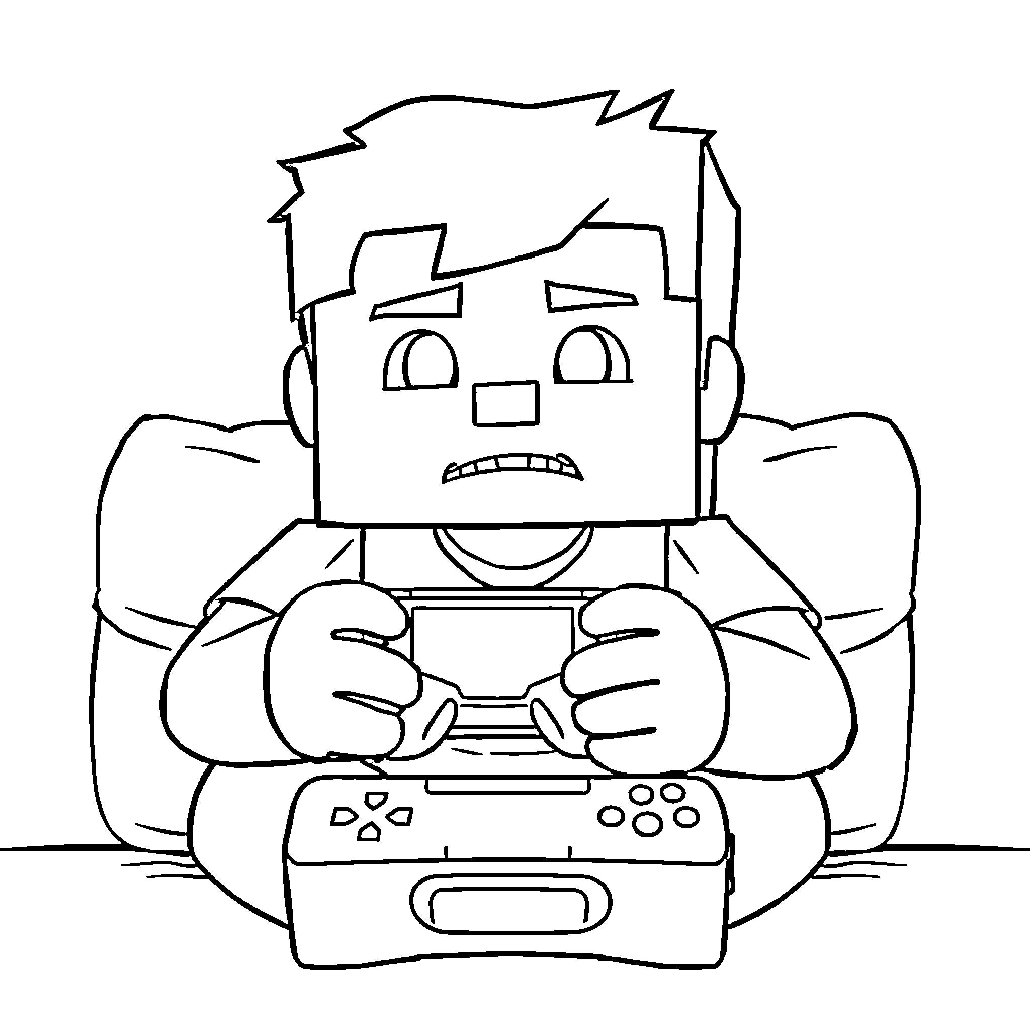 Steve playing video games with a focused expression Coloring Page (free black-and-white line drawing printable PDF for all, from beginners to advanced learners, including children, teens, adults, and seniors)