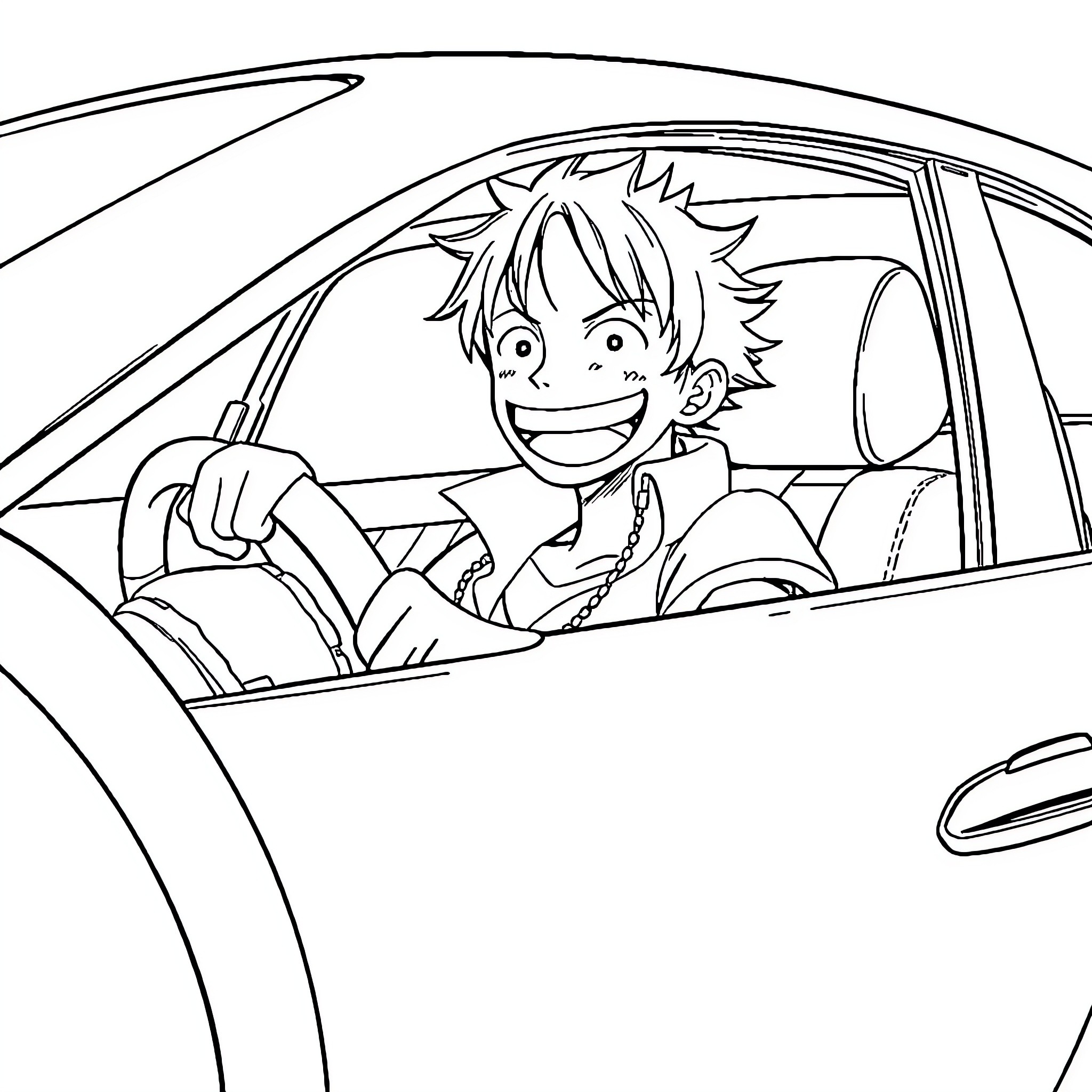 Luffy Enjoying the Drive in His Vehicle Coloring Page (free black-and-white line drawing printable PDF for all, from beginners to advanced learners, including children, teens, adults, and seniors)