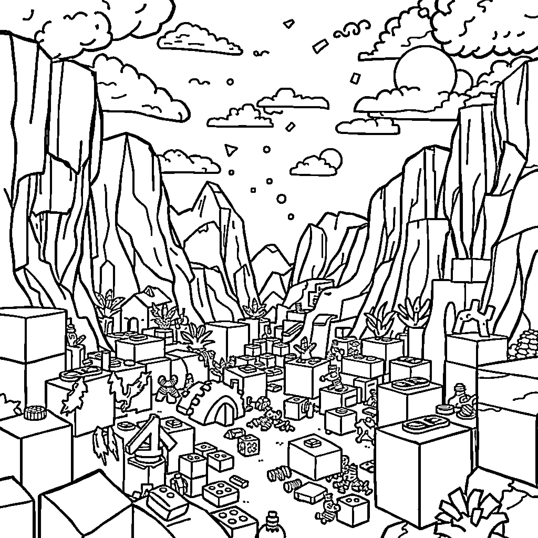 Minecraft Landscape with Cliffs, Clouds, and Structures Coloring Page (free black-and-white line drawing printable PDF for all, from beginners to advanced learners, including children, teens, adults, and seniors)