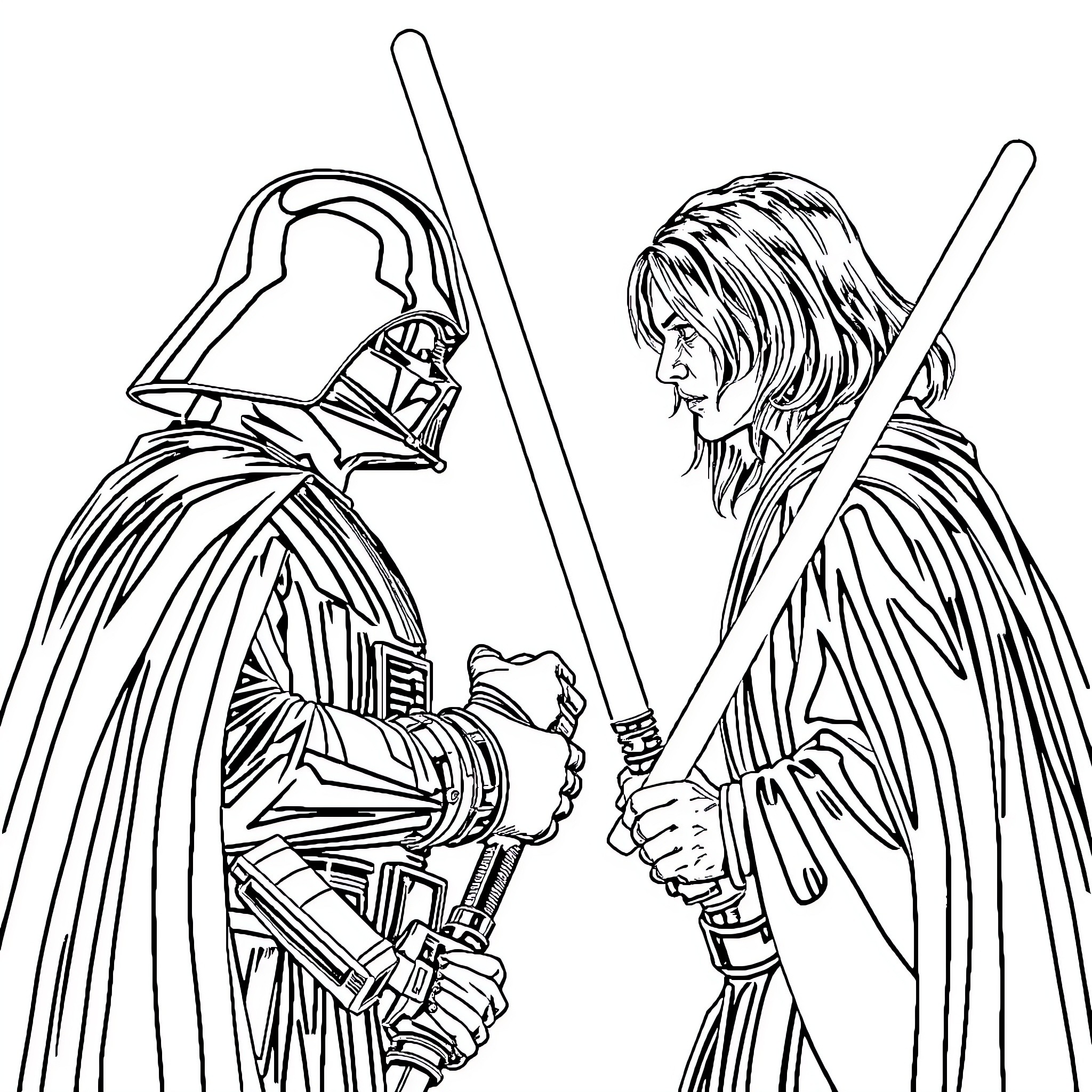 Darth Vader confronting a Jedi knight in battle Coloring Page (free black-and-white line drawing printable PDF for all, from beginners to advanced learners, including children, teens, adults, and seniors)
