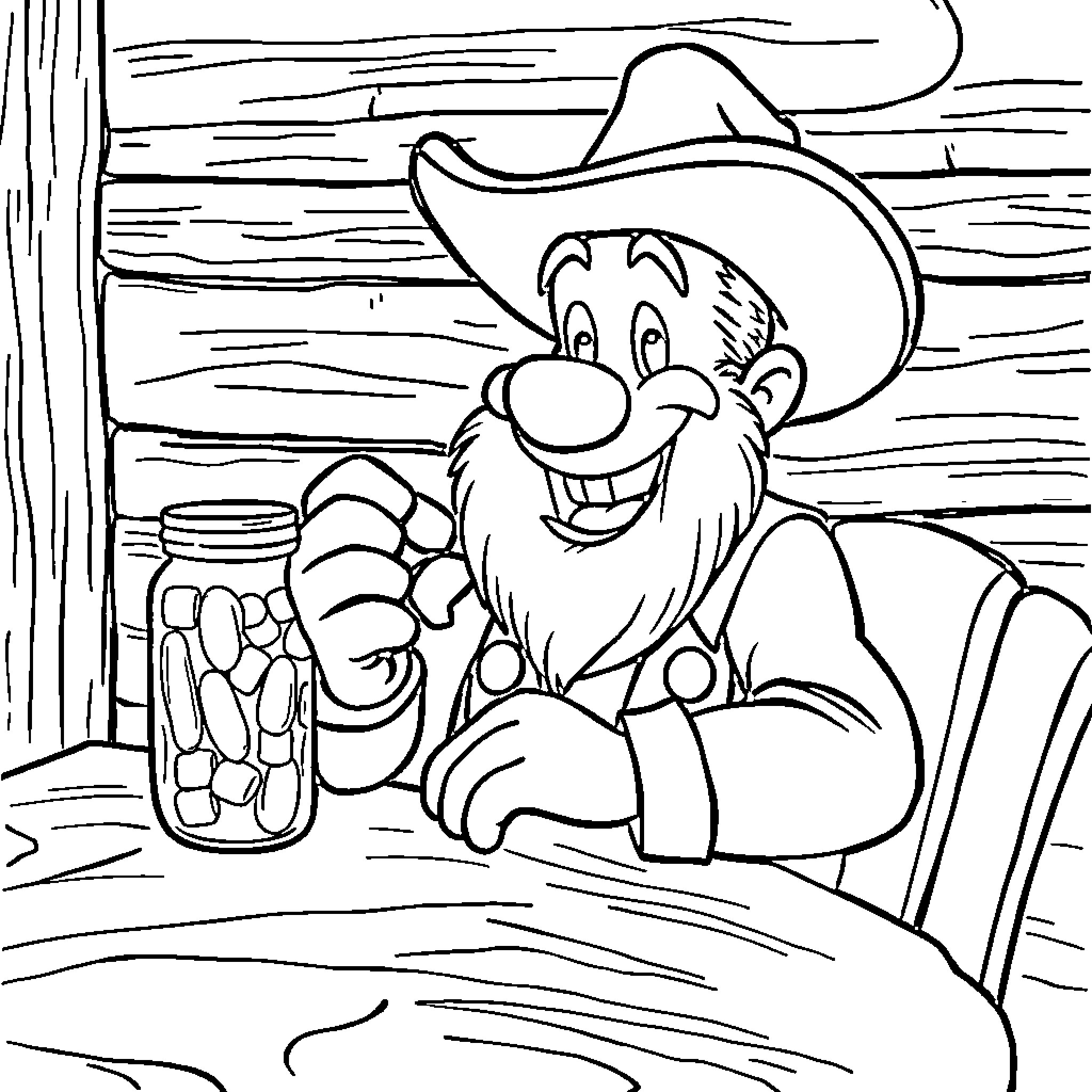Yosemite Sam relaxing in the cabin Coloring Page (free black-and-white line drawing printable PDF for all, from beginners to advanced learners, including children, teens, adults, and seniors)