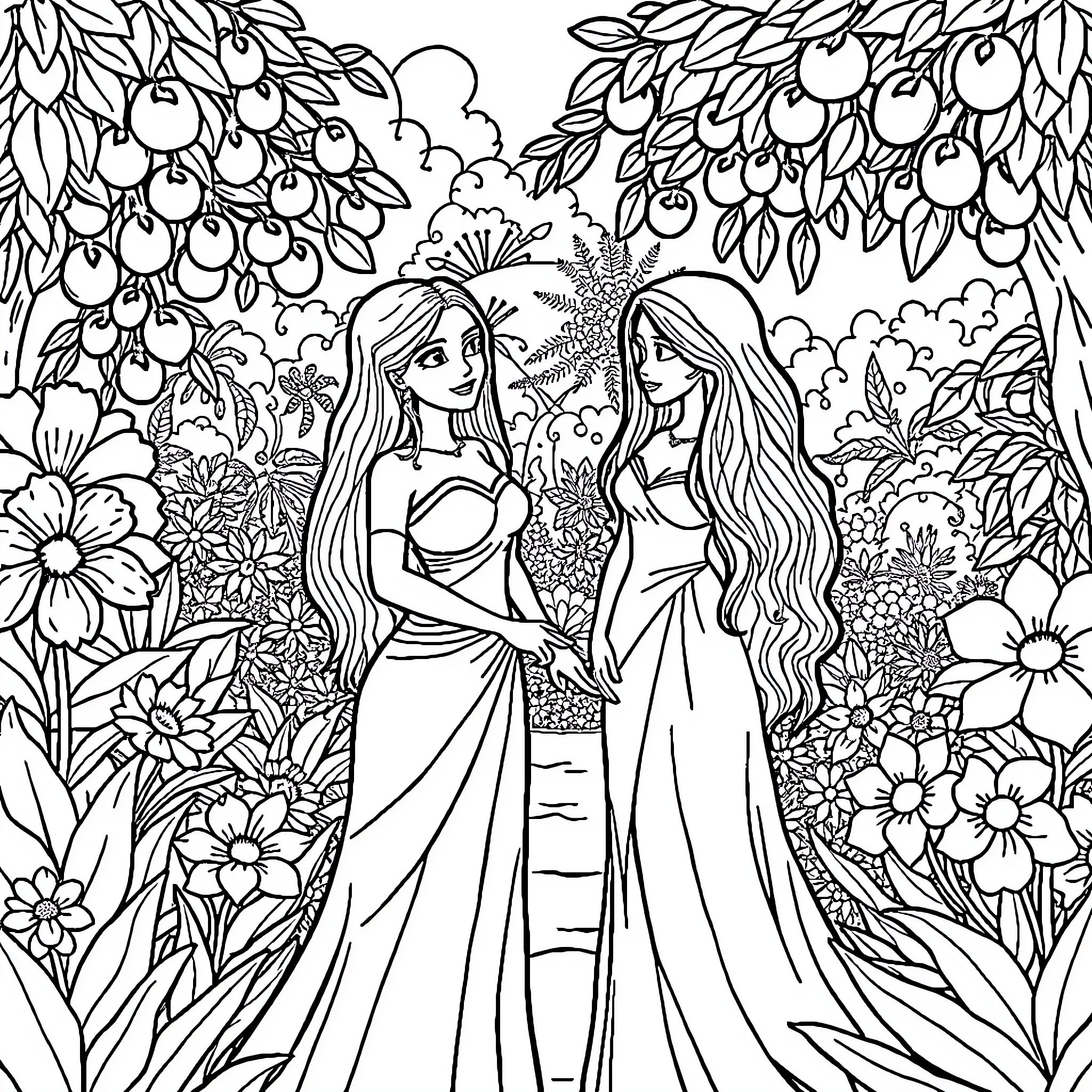 Adam and Eve in a lush, floral garden Coloring Page (free black-and-white line drawing printable PDF for all, from beginners to advanced learners, including children, teens, adults, and seniors)