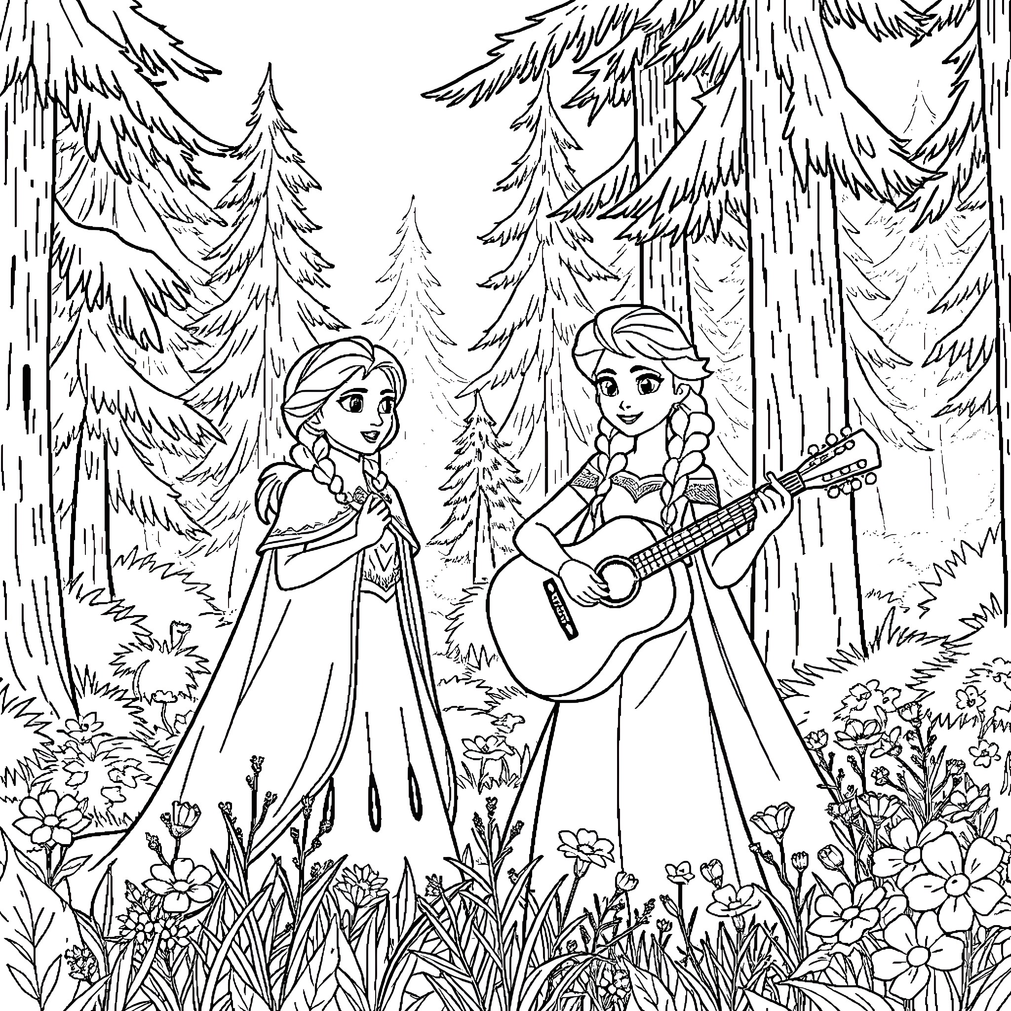 Anna and Elsa playing music in the enchanted forest Coloring Page (free black-and-white line drawing printable PDF for all, from beginners to advanced learners, including children, teens, adults, and seniors)