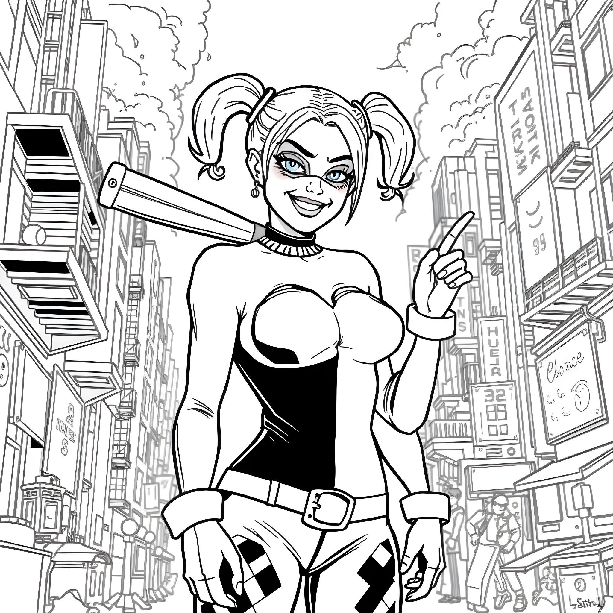 Harley Quinn's Lively Antics in the City Coloring Page (free black-and-white line drawing printable PDF for all, from beginners to advanced learners, including children, teens, adults, and seniors)