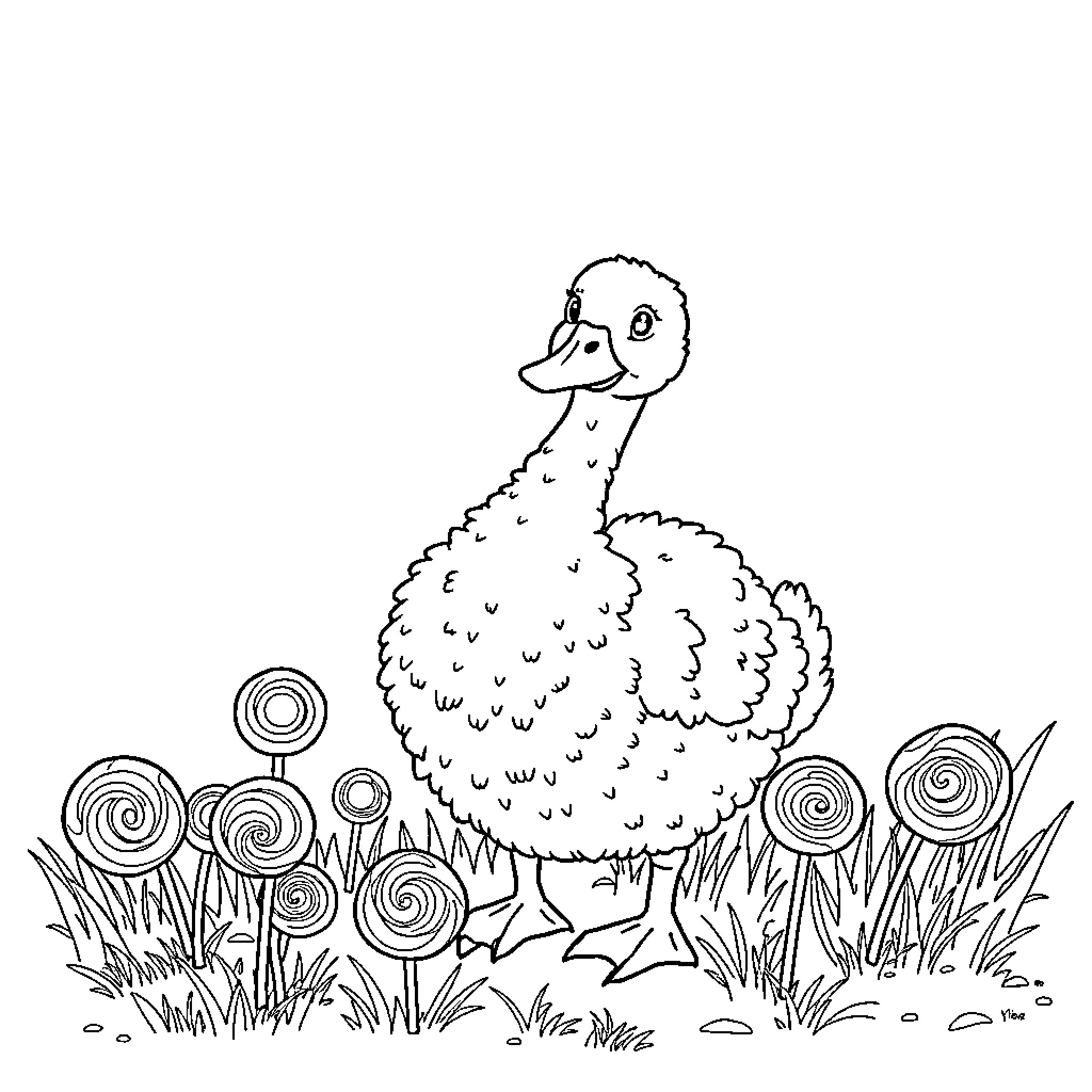 Goose wandering through whimsical garden Coloring Page (free black-and-white line drawing printable PDF for all, from beginners to advanced learners, including children, teens, adults, and seniors)