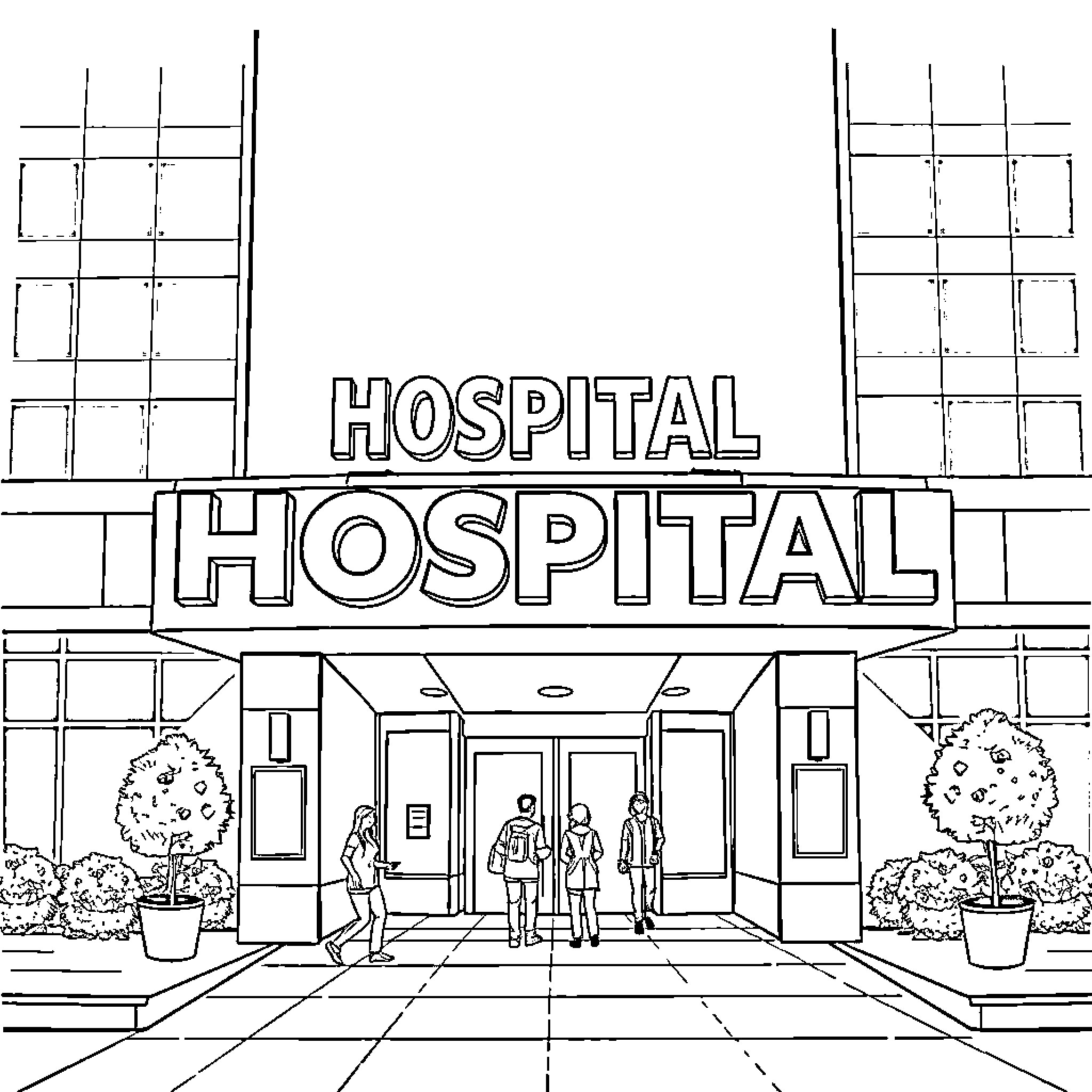 Hospital Building Entrance and Visitors Coloring Page (free black-and-white line drawing printable PDF for all, from beginners to advanced learners, including children, teens, adults, and seniors)