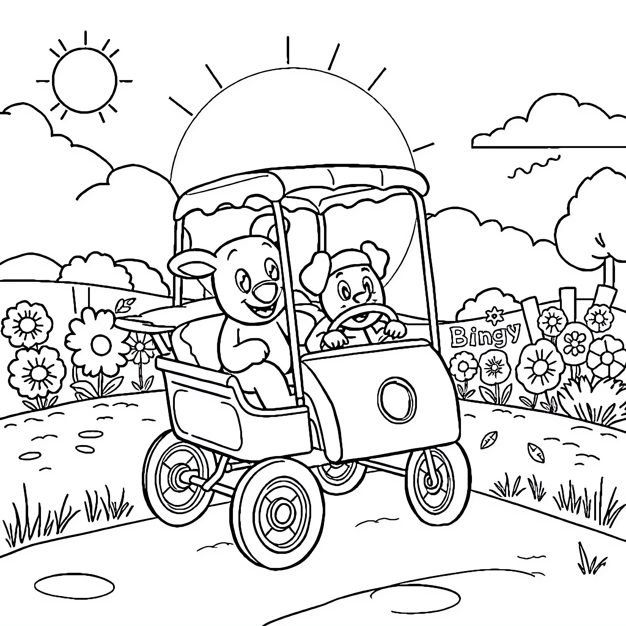 Bluey and Bingo go for a fun ride in the countryside Coloring Page (free black-and-white line drawing printable PDF for all, from beginners to advanced learners, including children, teens, adults, and seniors)
