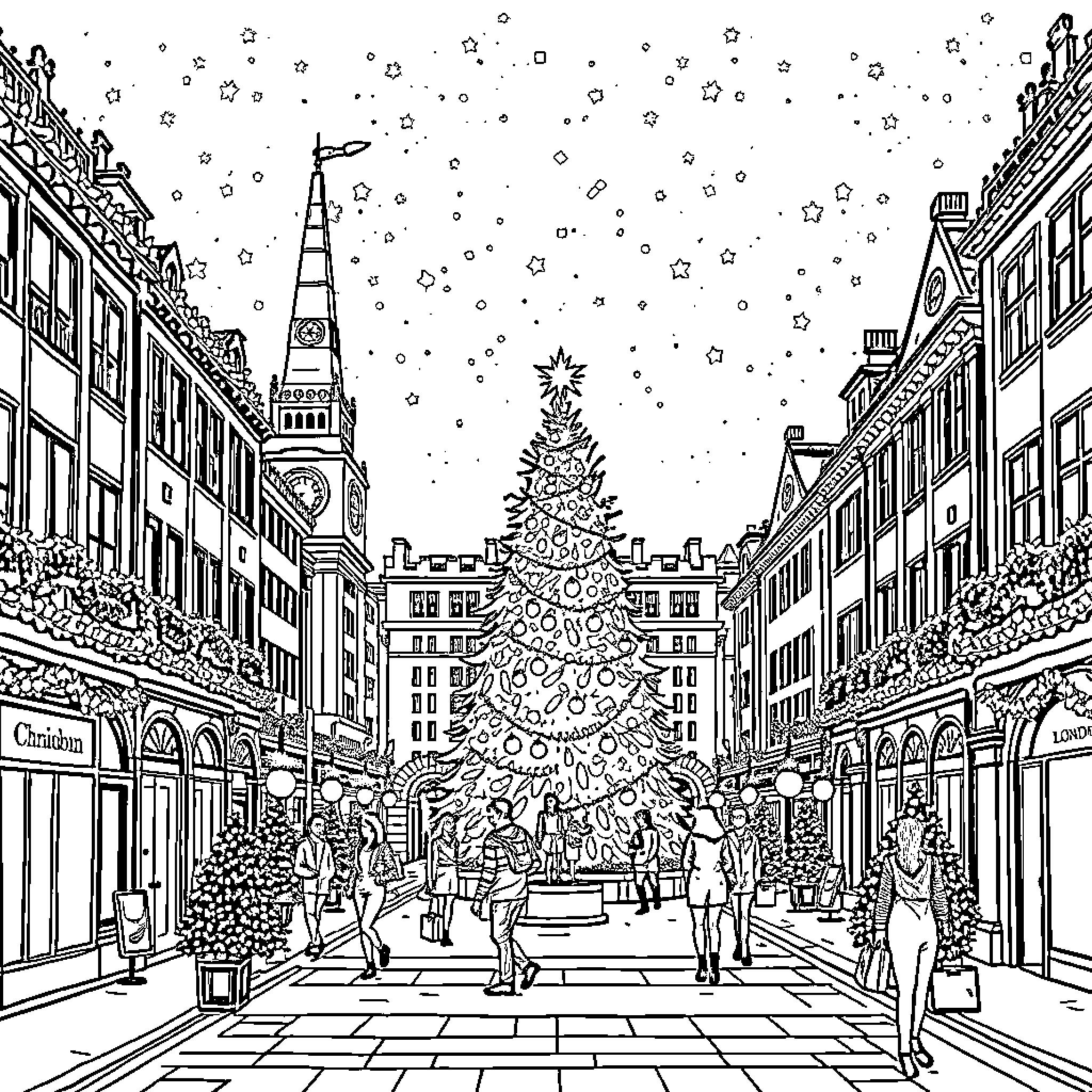 London street scene with Christmas tree and people Coloring Page (free black-and-white line drawing printable PDF for all, from beginners to advanced learners, including children, teens, adults, and seniors)