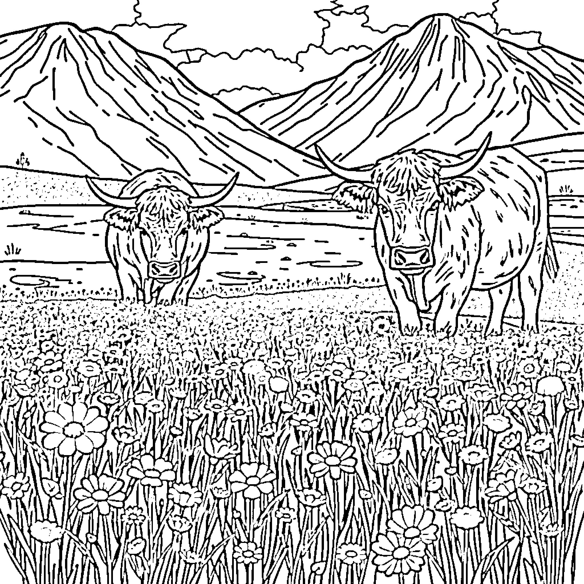 Highlander Cow in a Meadow with Flowers Coloring Page (free black-and-white line drawing printable PDF for all, from beginners to advanced learners, including children, teens, adults, and seniors)