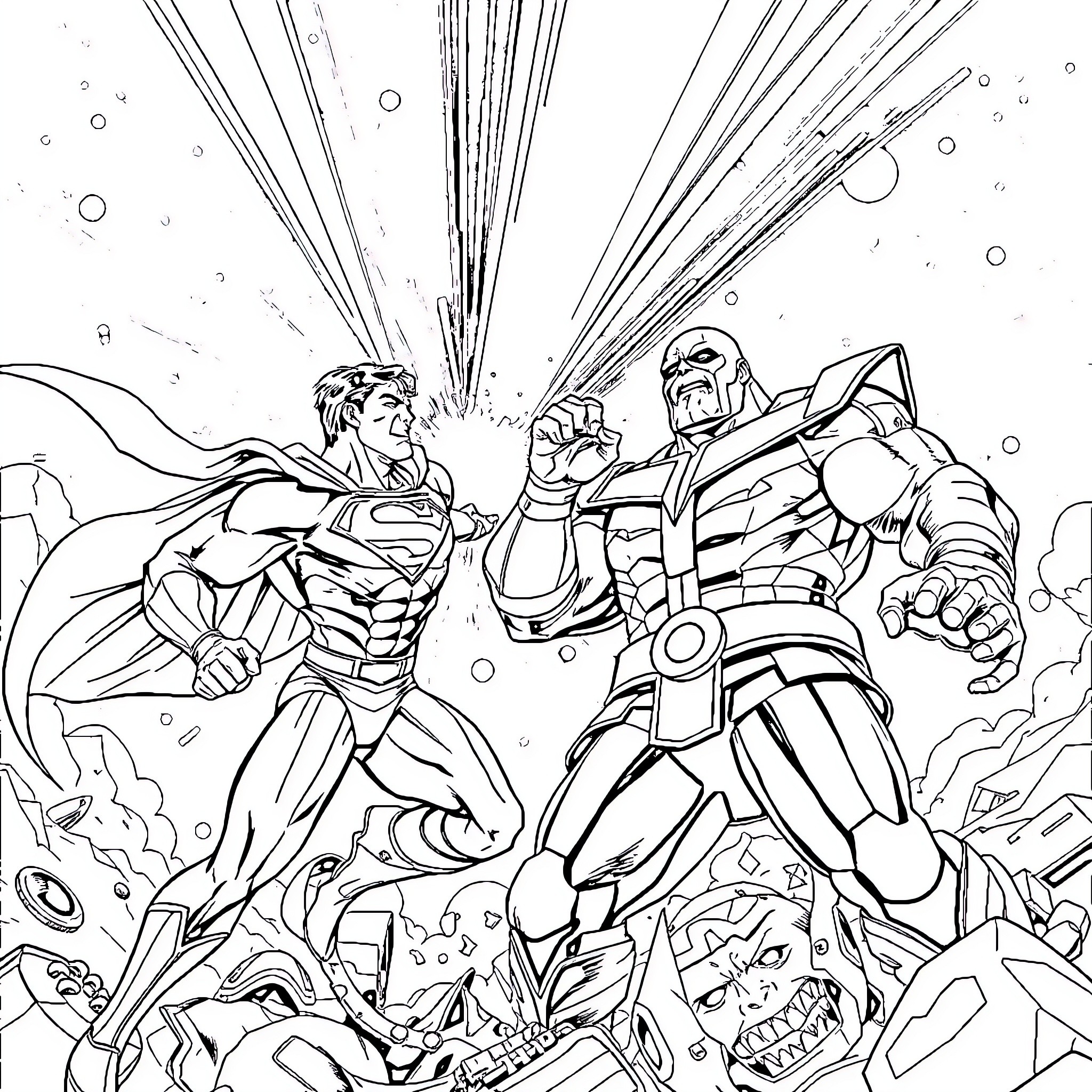 Superman's epic battle with a powerful robot foe Coloring Page (free black-and-white line drawing printable PDF for all, from beginners to advanced learners, including children, teens, adults, and seniors)