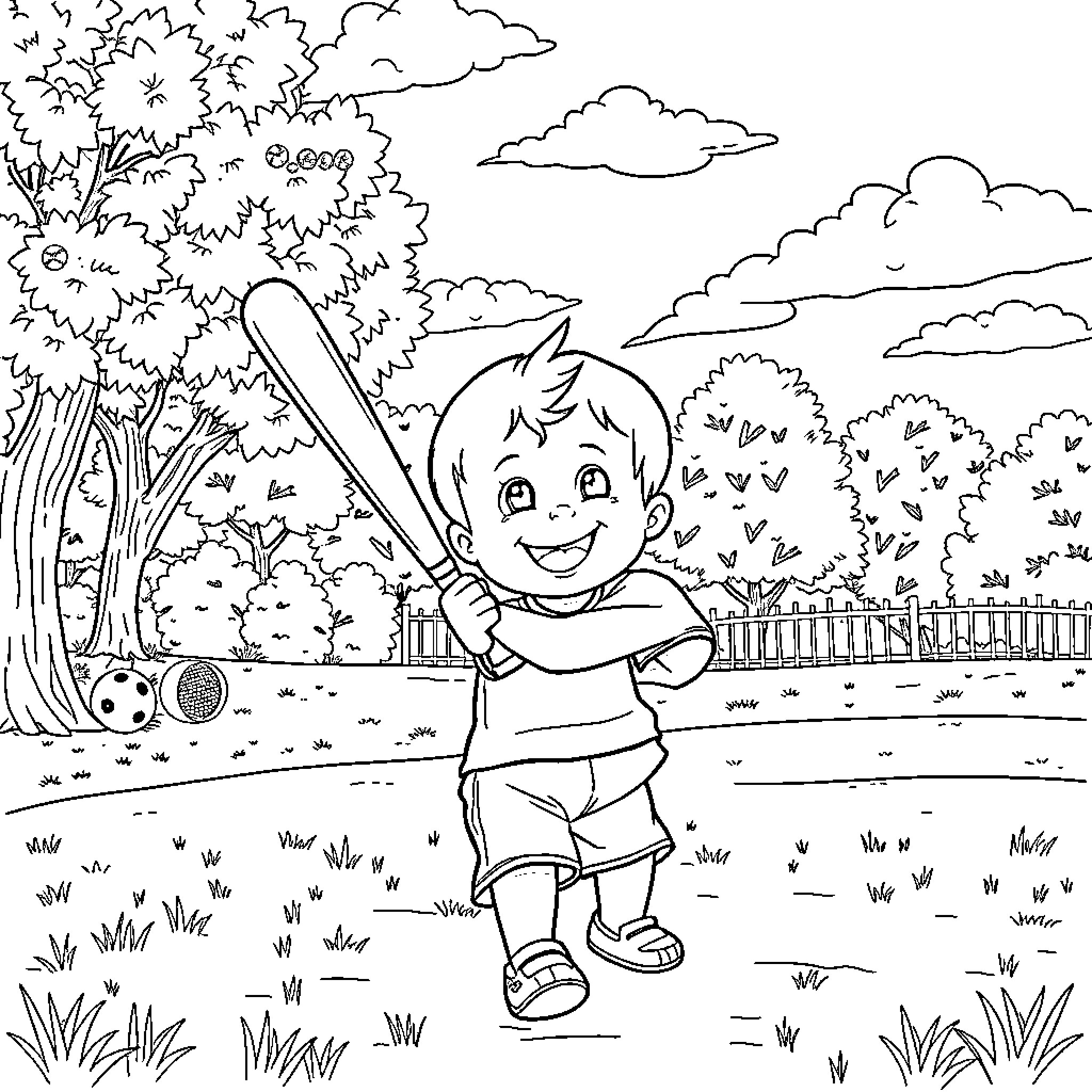 Toddler playing happily with baseball bat in the park Coloring Page (free black-and-white line drawing printable PDF for all, from beginners to advanced learners, including children, teens, adults, and seniors)