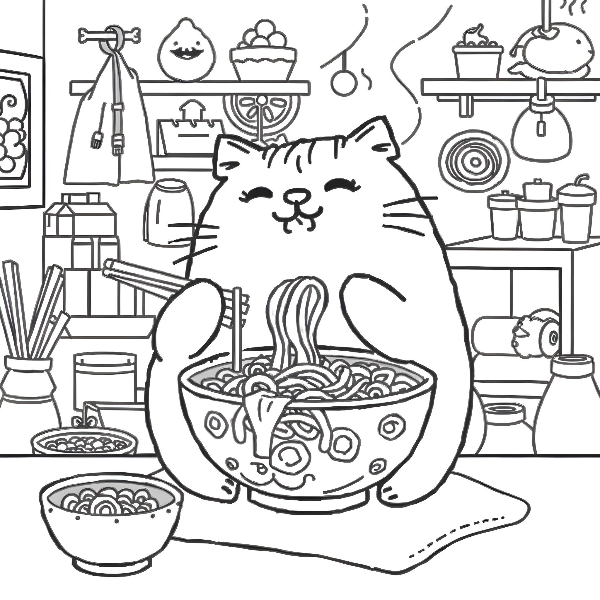 Pusheen enjoys a cozy meal in the kitchen Coloring Page (free black-and-white line drawing printable PDF for all, from beginners to advanced learners, including children, teens, adults, and seniors)