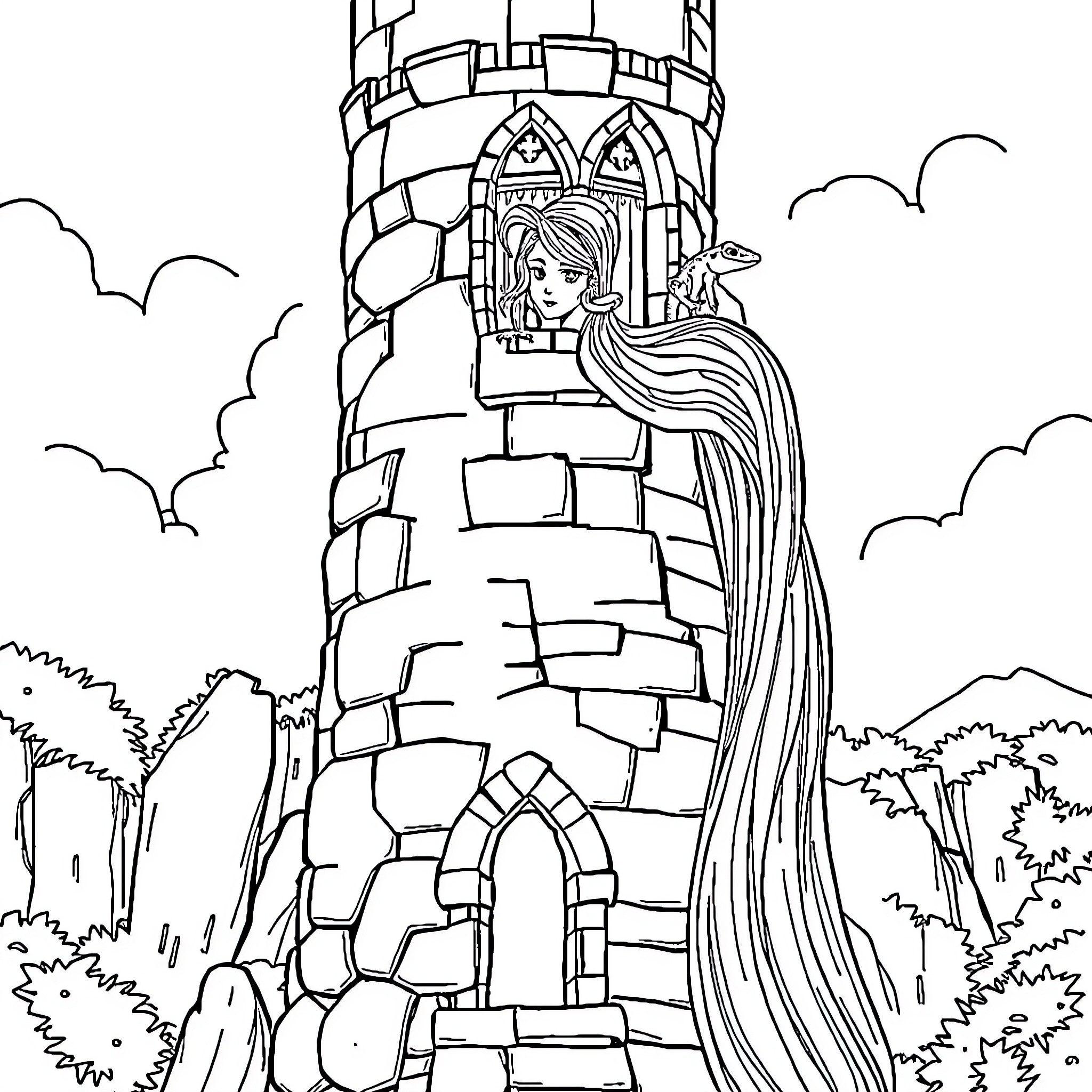Rapunzel gazing out from the castle tower Coloring Page (free black-and-white line drawing printable PDF for all, from beginners to advanced learners, including children, teens, adults, and seniors)