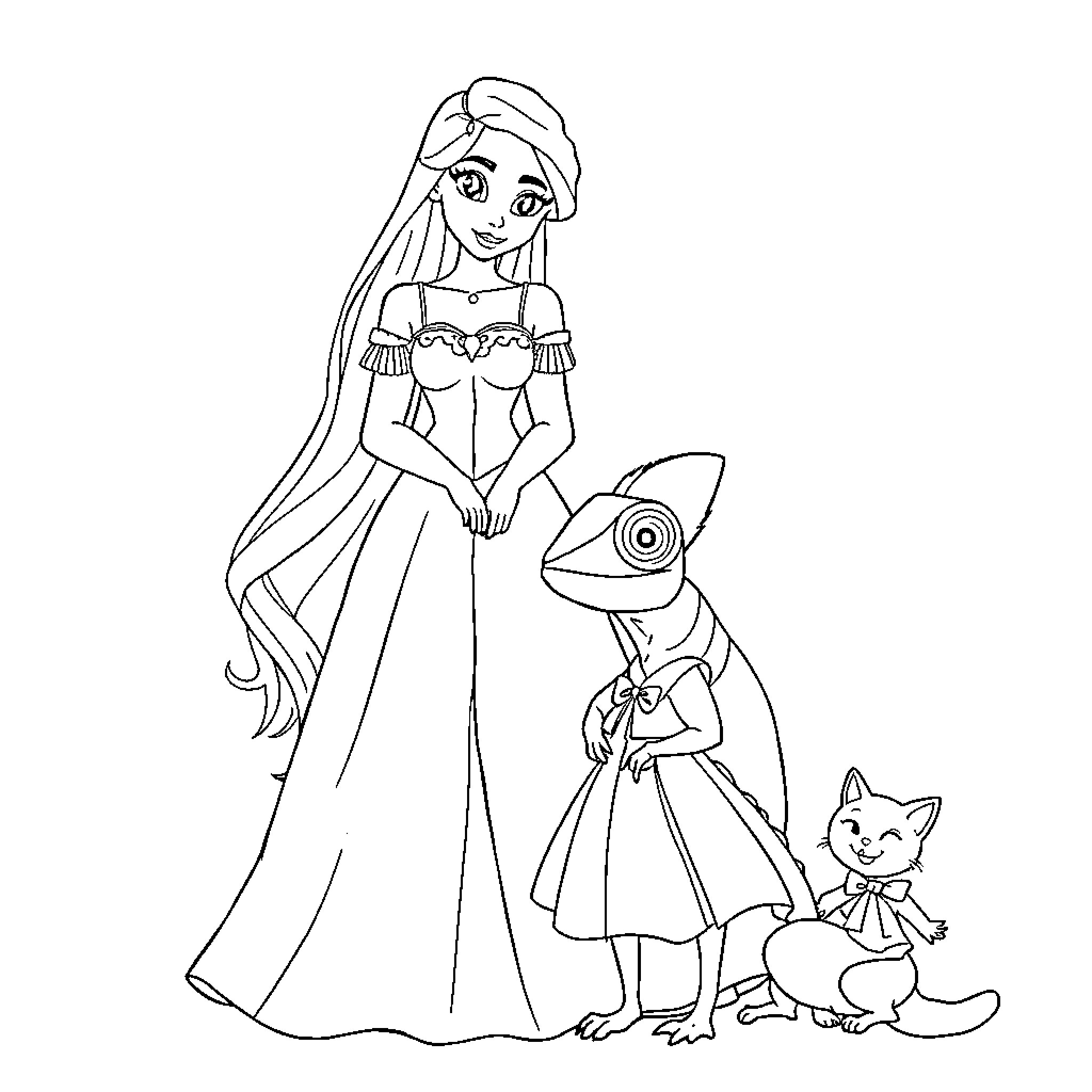 Princess and her Animal Companions Coloring Page (free black-and-white line drawing printable PDF for all, from beginners to advanced learners, including children, teens, adults, and seniors)