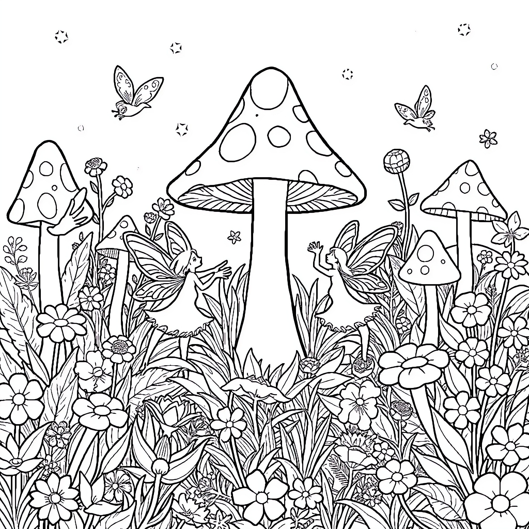 Fairy Creatures Frolicking in Enchanted Mushroom Forest Coloring Page (free black-and-white line drawing printable PDF for all, from beginners to advanced learners, including children, teens, adults, and seniors)