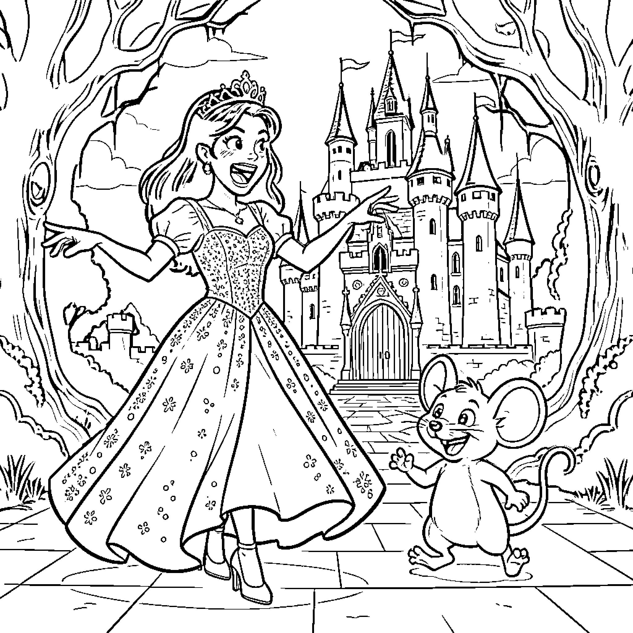 Princesse dancing joyfully with a friendly mouse Coloring Page (free black-and-white line drawing printable PDF for all, from beginners to advanced learners, including children, teens, adults, and seniors)