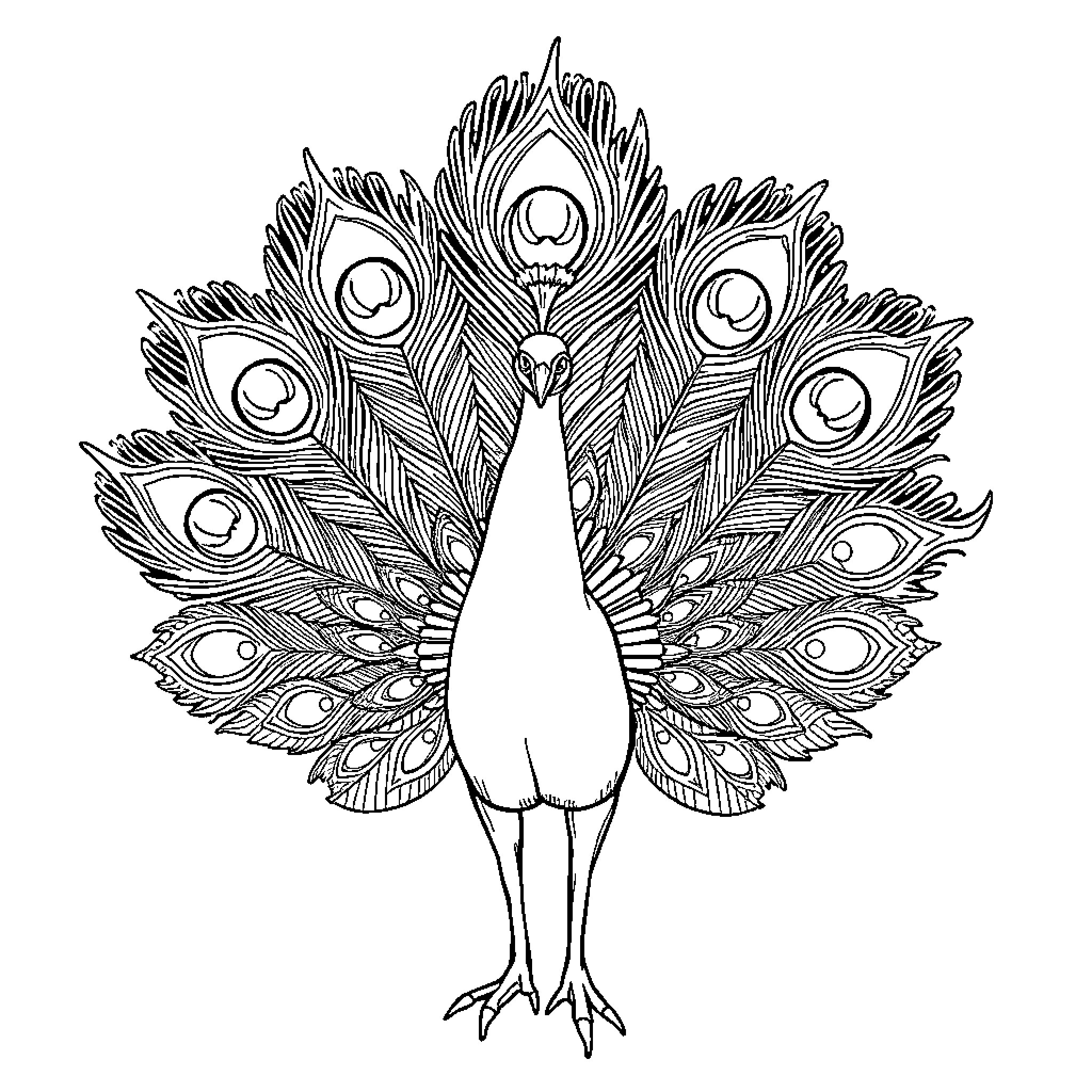 Peacock Feather Showcase in Monochrome Coloring Page (free black-and-white line drawing printable PDF for all, from beginners to advanced learners, including children, teens, adults, and seniors)