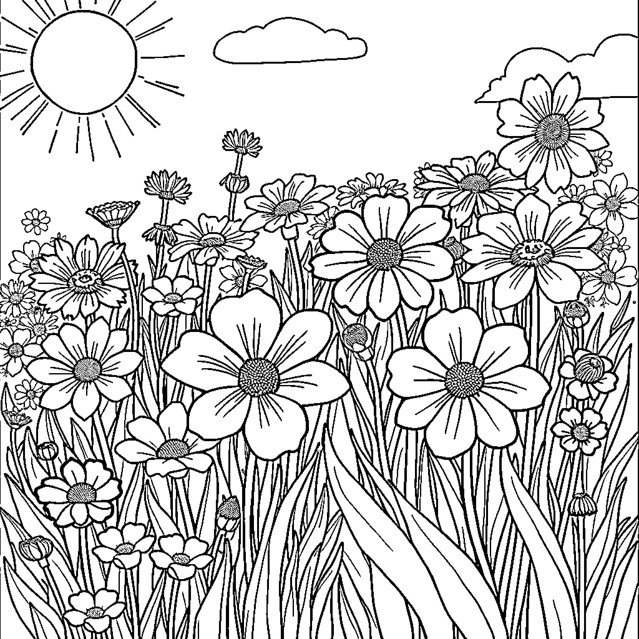 Flower field in nature scene with sun and clouds Coloring Page (free black-and-white line drawing printable PDF for all, from beginners to advanced learners, including children, teens, adults, and seniors)