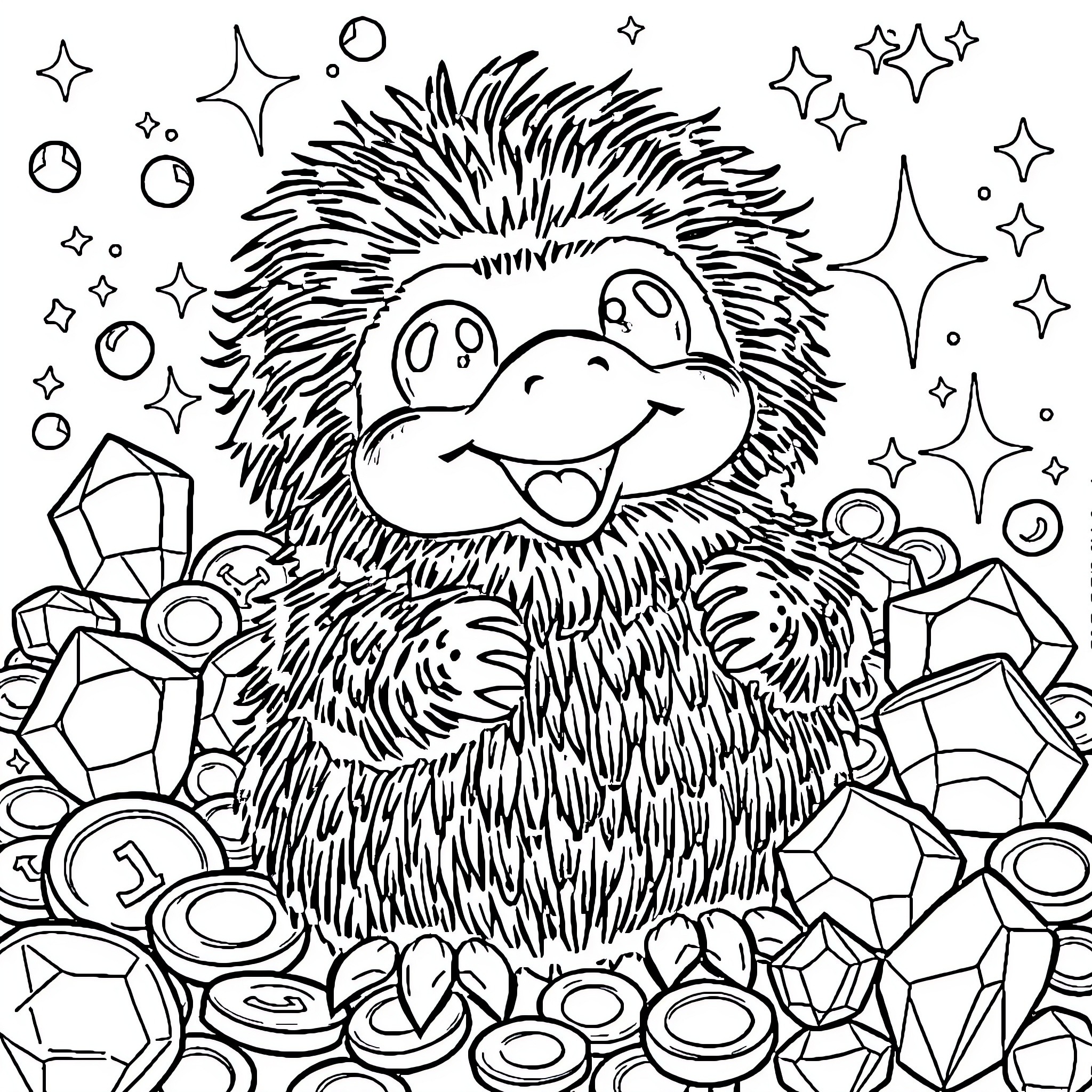 Niffler playing among sparkling treasures Coloring Page (free black-and-white line drawing printable PDF for all, from beginners to advanced learners, including children, teens, adults, and seniors)