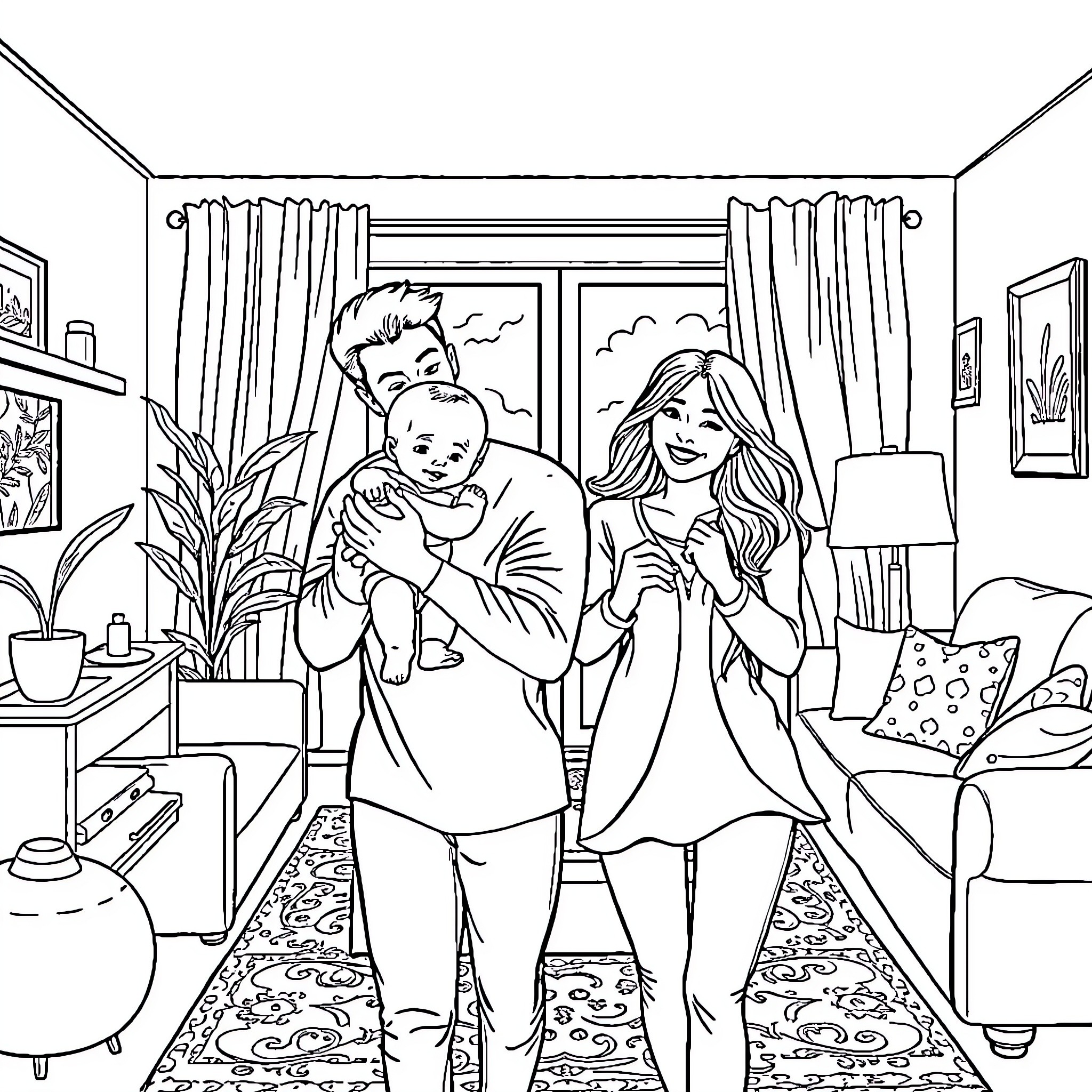 Family Sharing a Peaceful Moment at Home Coloring Page (free black-and-white line drawing printable PDF for all, from beginners to advanced learners, including children, teens, adults, and seniors)
