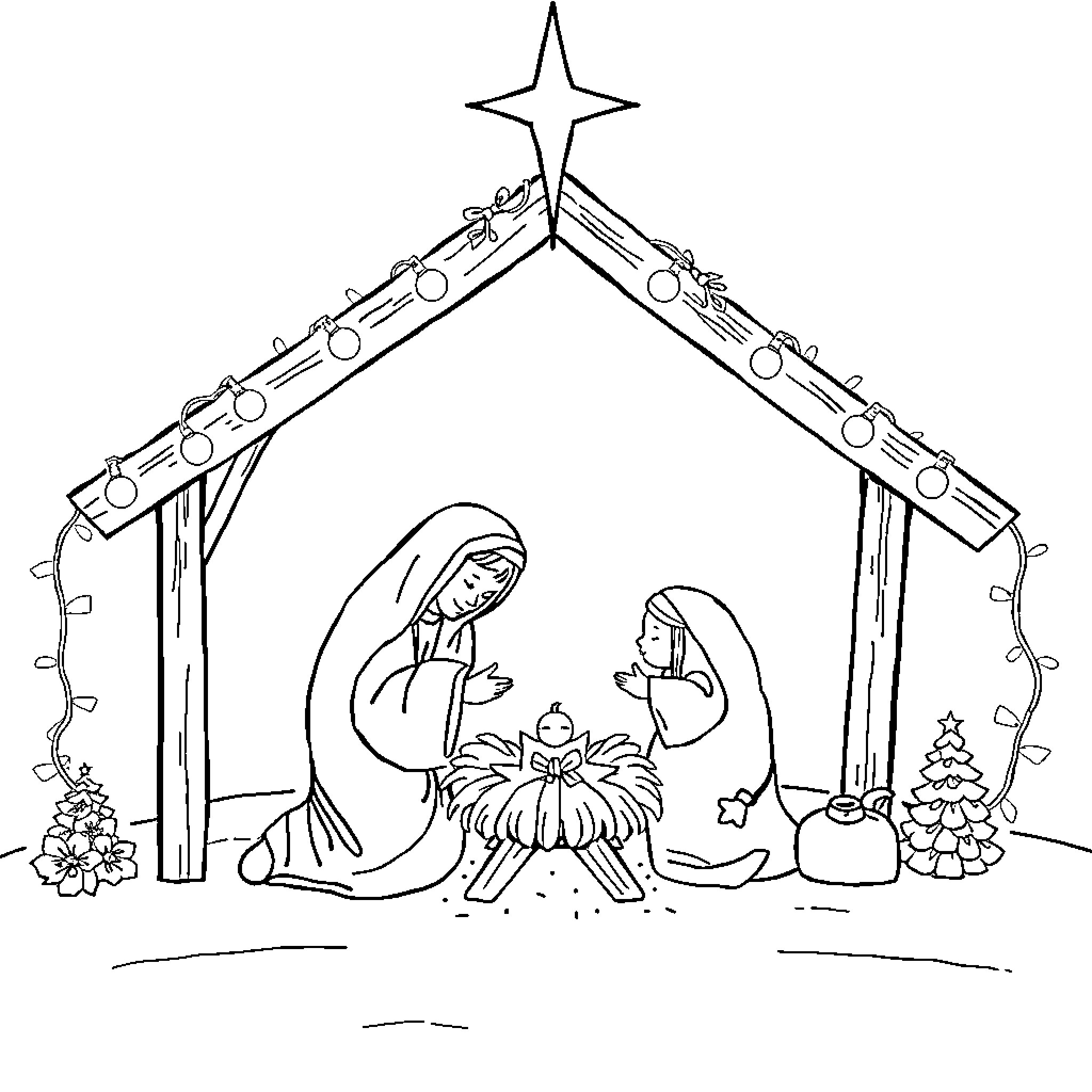 Nativity scene with holy family, angels, and star Coloring Page (free black-and-white line drawing printable PDF for all, from beginners to advanced learners, including children, teens, adults, and seniors)