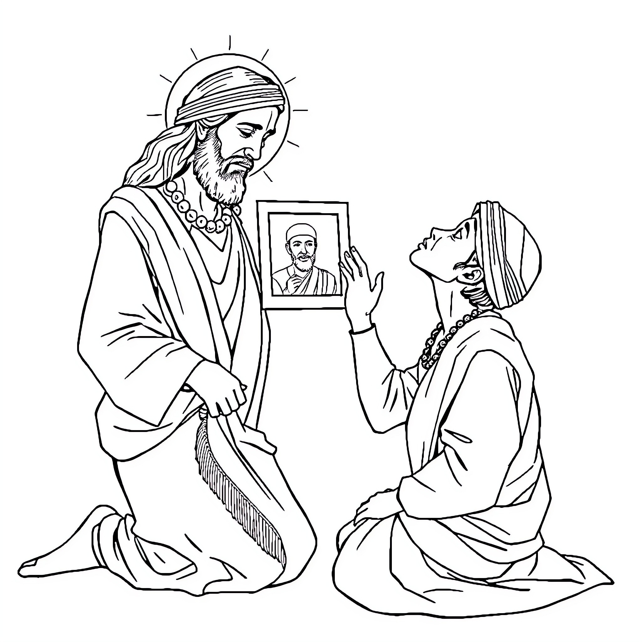 Man Presenting Religious Portrait to Woman Coloring Page (free black-and-white line drawing printable PDF for all, from beginners to advanced learners, including children, teens, adults, and seniors)
