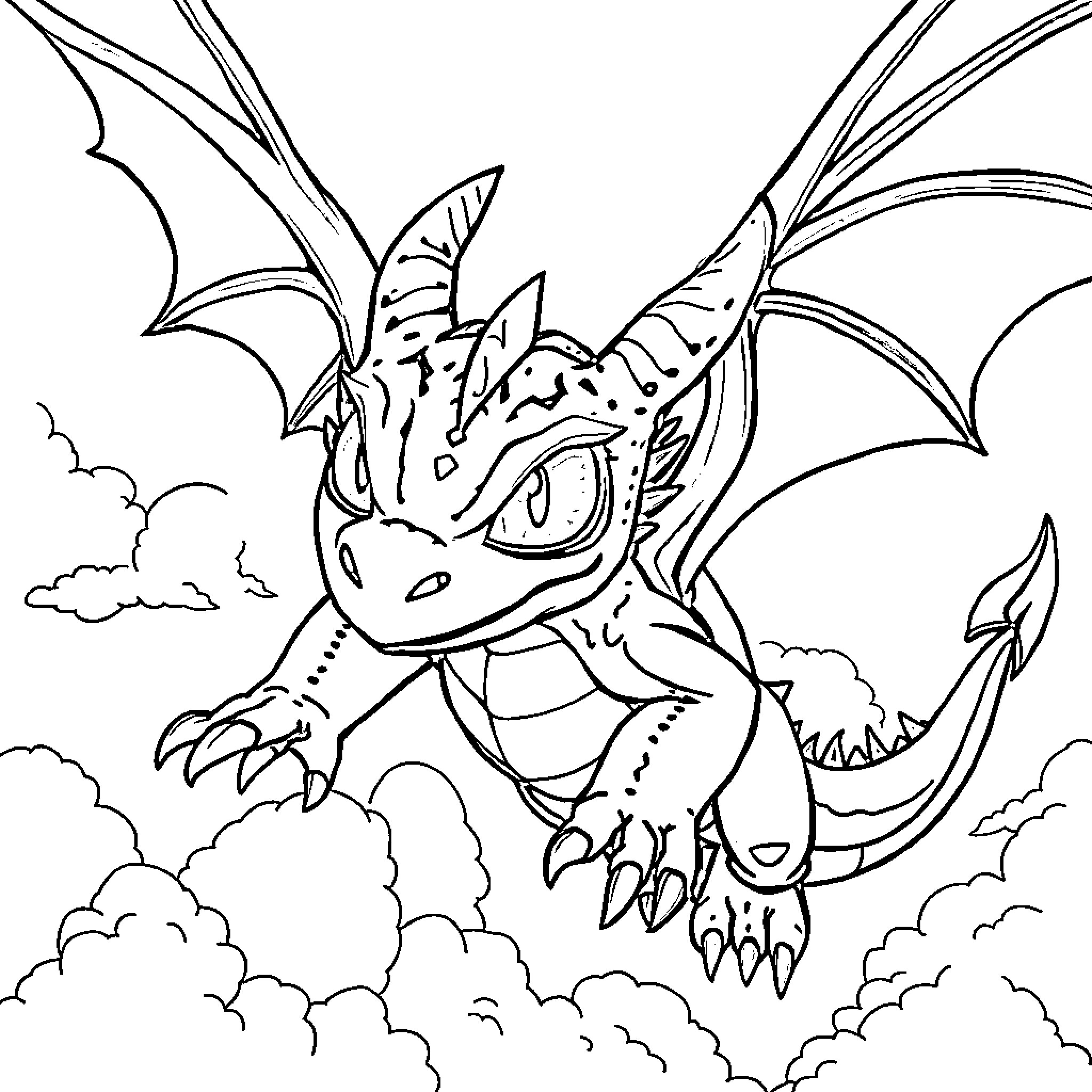Krokmou soaring through the cloudy skies Coloring Page (free black-and-white line drawing printable PDF for all, from beginners to advanced learners, including children, teens, adults, and seniors)